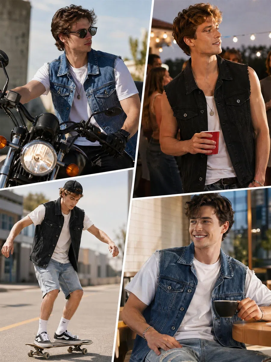 Gilet di Jeans da Uomo Estivo Vintage Gilet Strappato Smanicato Biker Giubbotto Jeans Senza Maniche