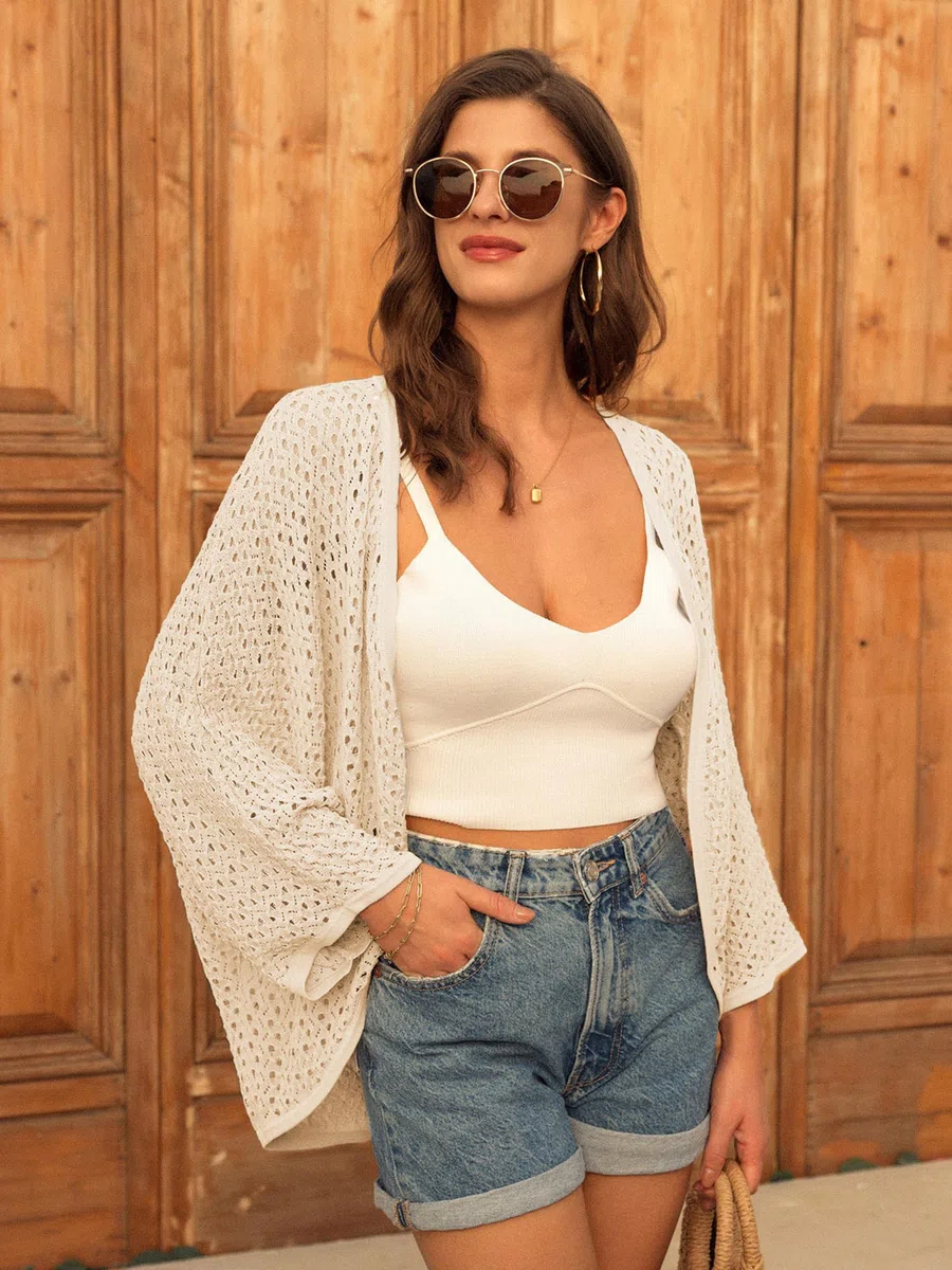 GRACE KARIN Cardigan aperto sul davanti con maniche a 3/4 a pipistrello per le donne leggero cardigan estivo all'uncinetto scavato