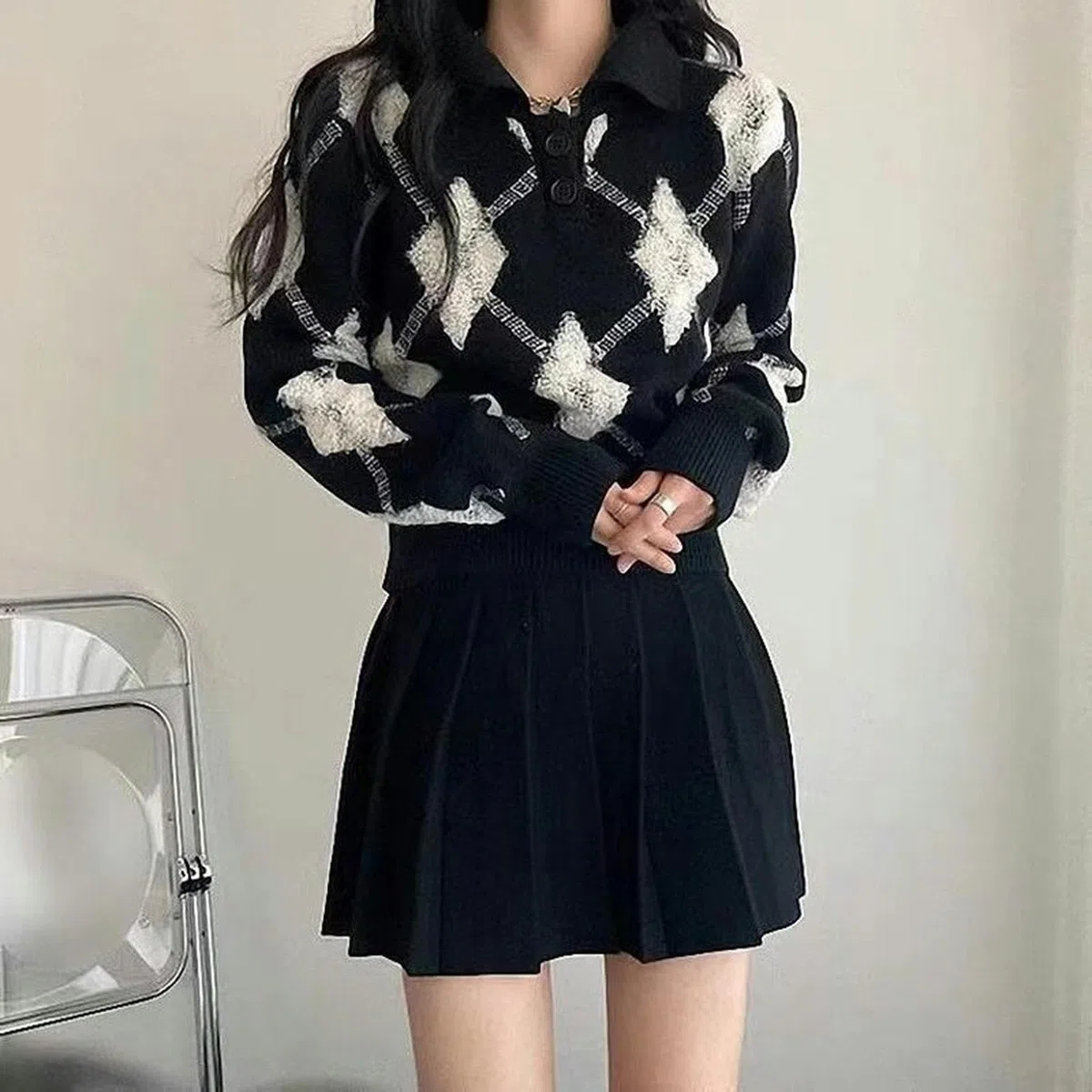 WEITING Maglione con Stampa a Rombi Stile Coreano Donna Preppy Blu Colletto Polo Moda Maglione Lavorato a Maglia Donna Autunno Inverno Pullover-Shenlan-S