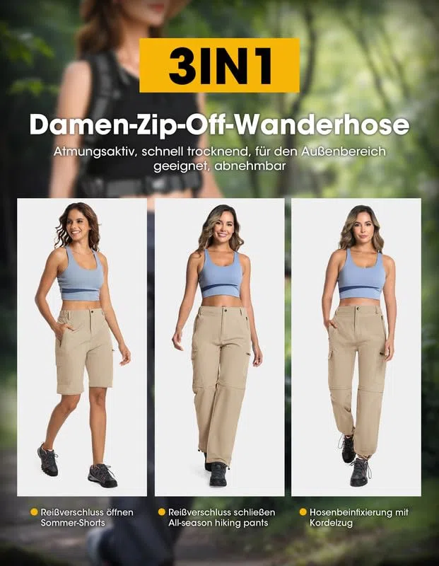 Pantaloni da trekking da donna, con zip, traspiranti, da trekking, da donna, con chiusura lampo, rimovibili, per attività all'aria aperta, estivi, funzionali