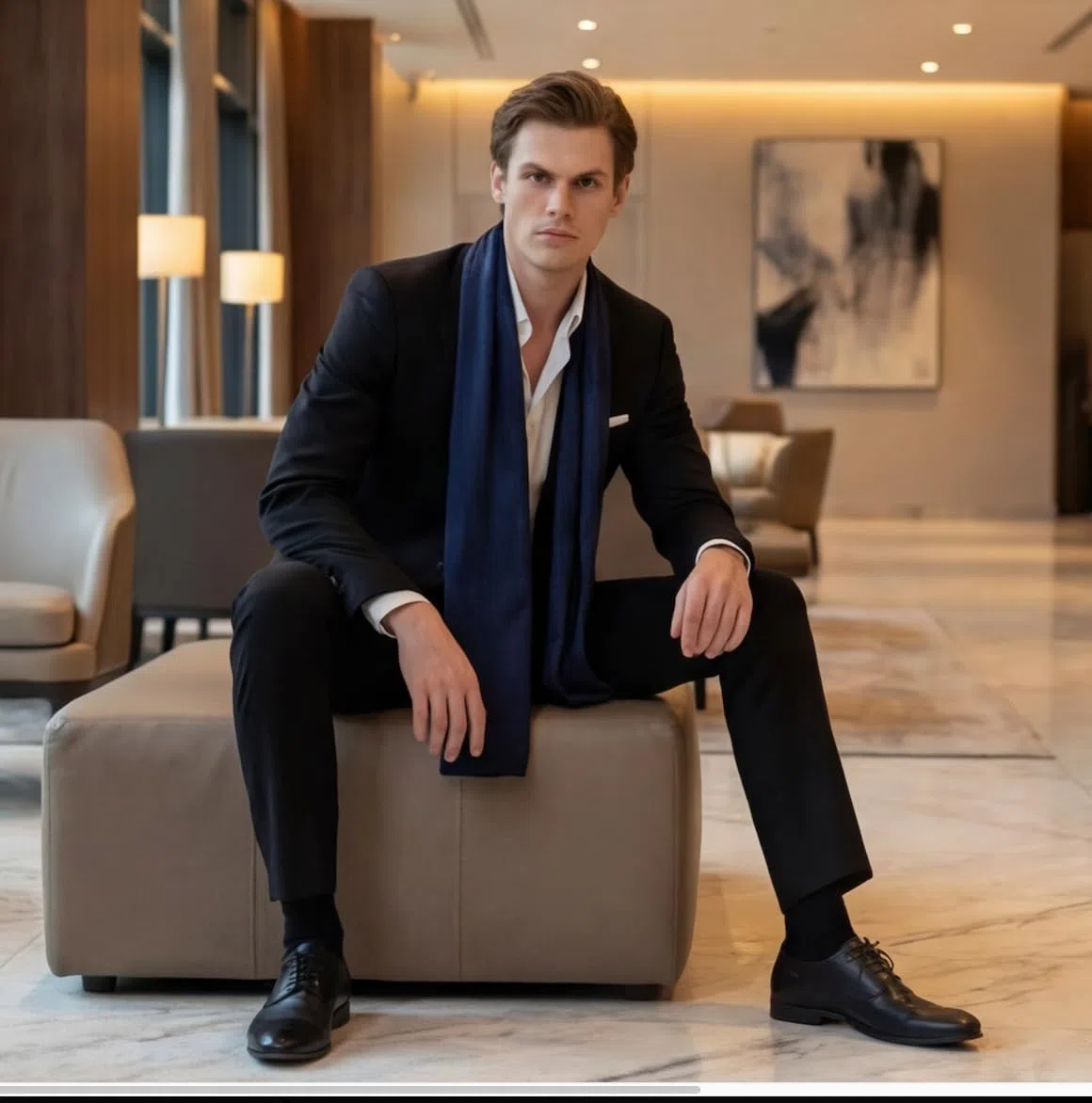 Sciarpa da Uomo 100% Seta Chiffon 180 x 80 cm Tinta Unita per Abito Blu Scuro, Panno di Seta Stola Business Style Regalo per Lui, Bianco