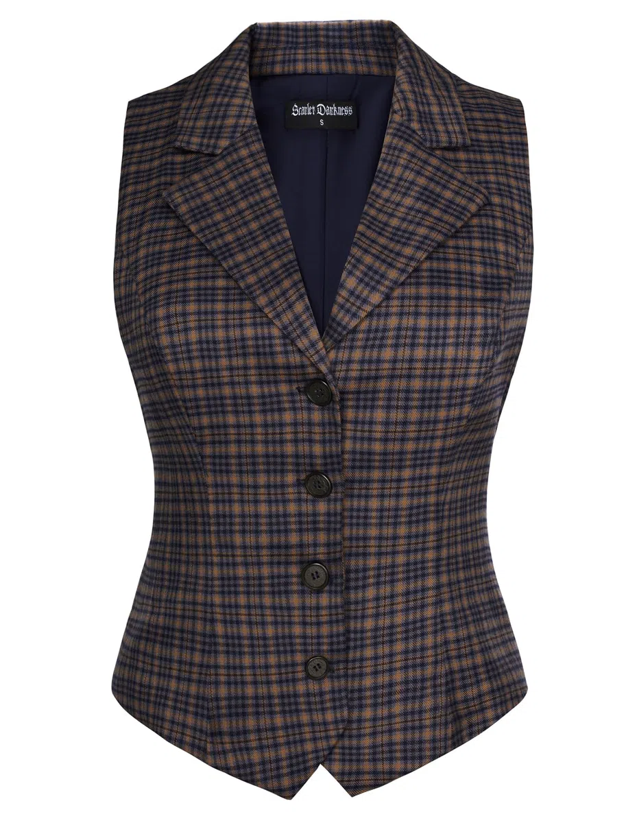 SCARLET DARKNESS Gilet da donna anni '50 a quadri completamente foderato con colletto dentellato a 4 bottoni elegante vintage