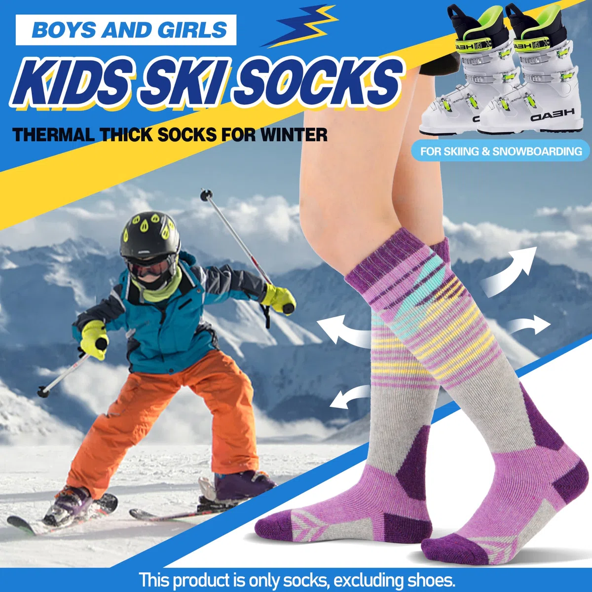 ANTSANG 3 Paia Calzini Sci Lana Merino Bambini Ragazzi Ragazze Termici Caldi Spessi Inverno Imbottiti per Snowboard Sci