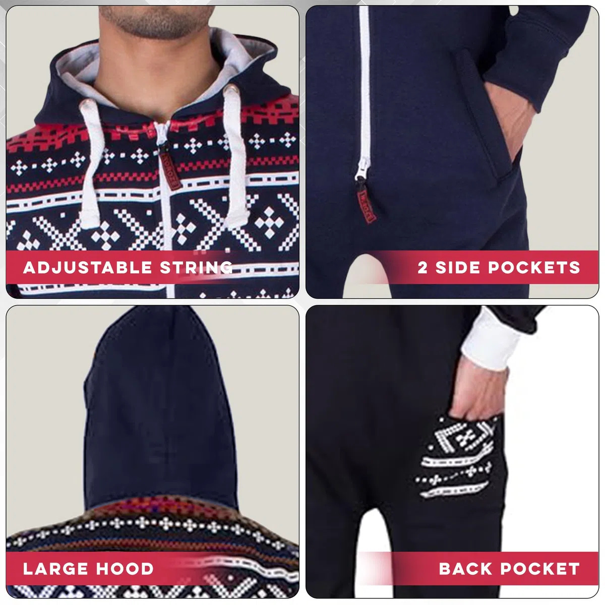 NOROZE Elegante Azteca Pigiama Intero Uomo - Incappucciata Pigiami con Cappuccio Onesie - Caldo e Accogliente Tuta Intera Uomo Pile