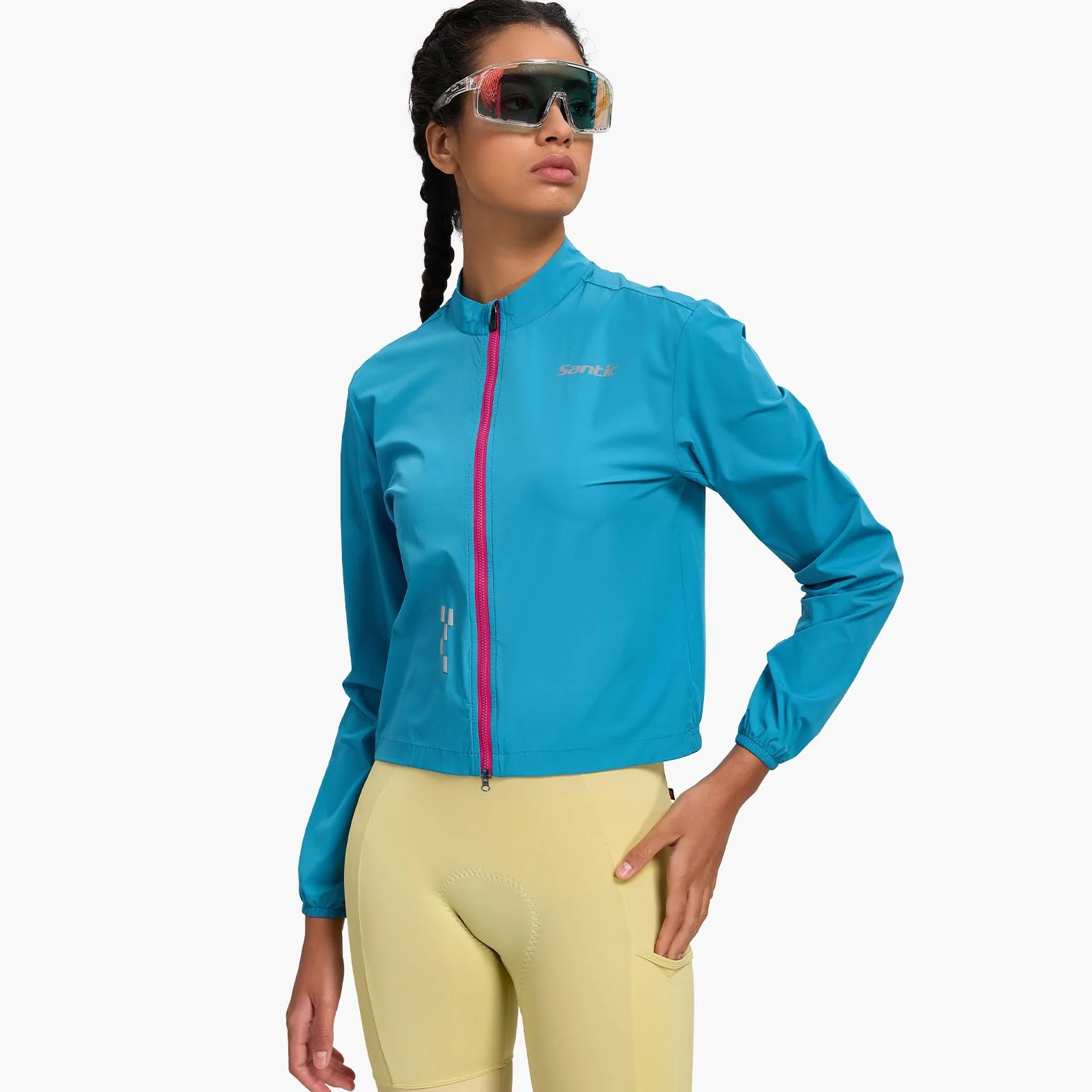 Santic Giacca da ciclismo da donna, per ciclismo, corsa, traspirante, leggera, protezione UV, per ciclismo, riflettente, da corsa