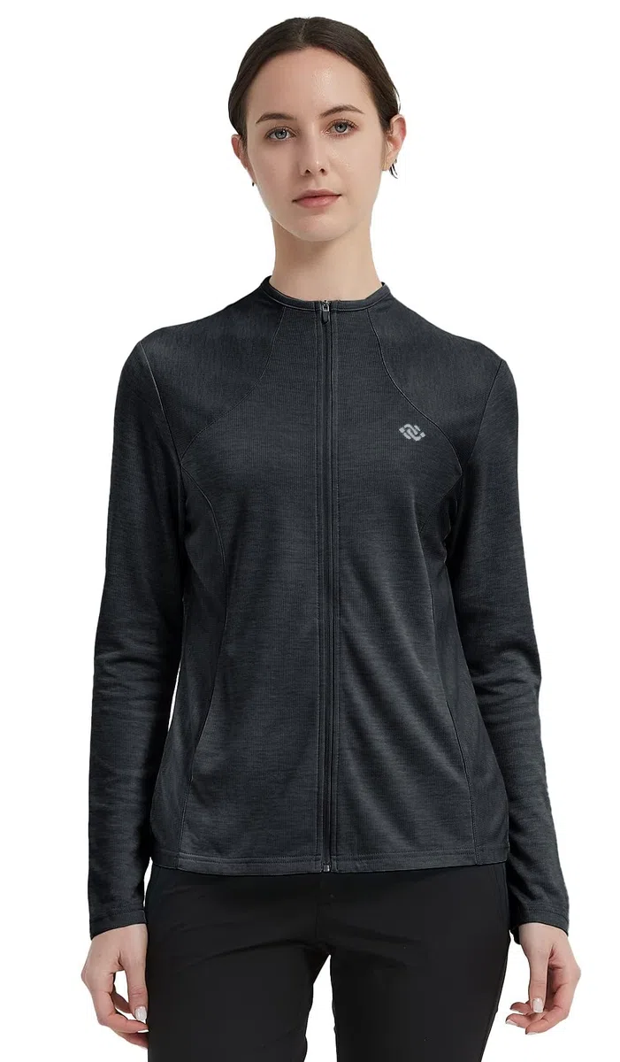 MoFiz Donna Giacca Leggera Manica Lunga Traspirante Slim Felpa Sportiva Senza Cappuccio Zip Intera Top da Tuta per Corsa Training Escursionismo con Tasche Grigio Scuro 3XL
