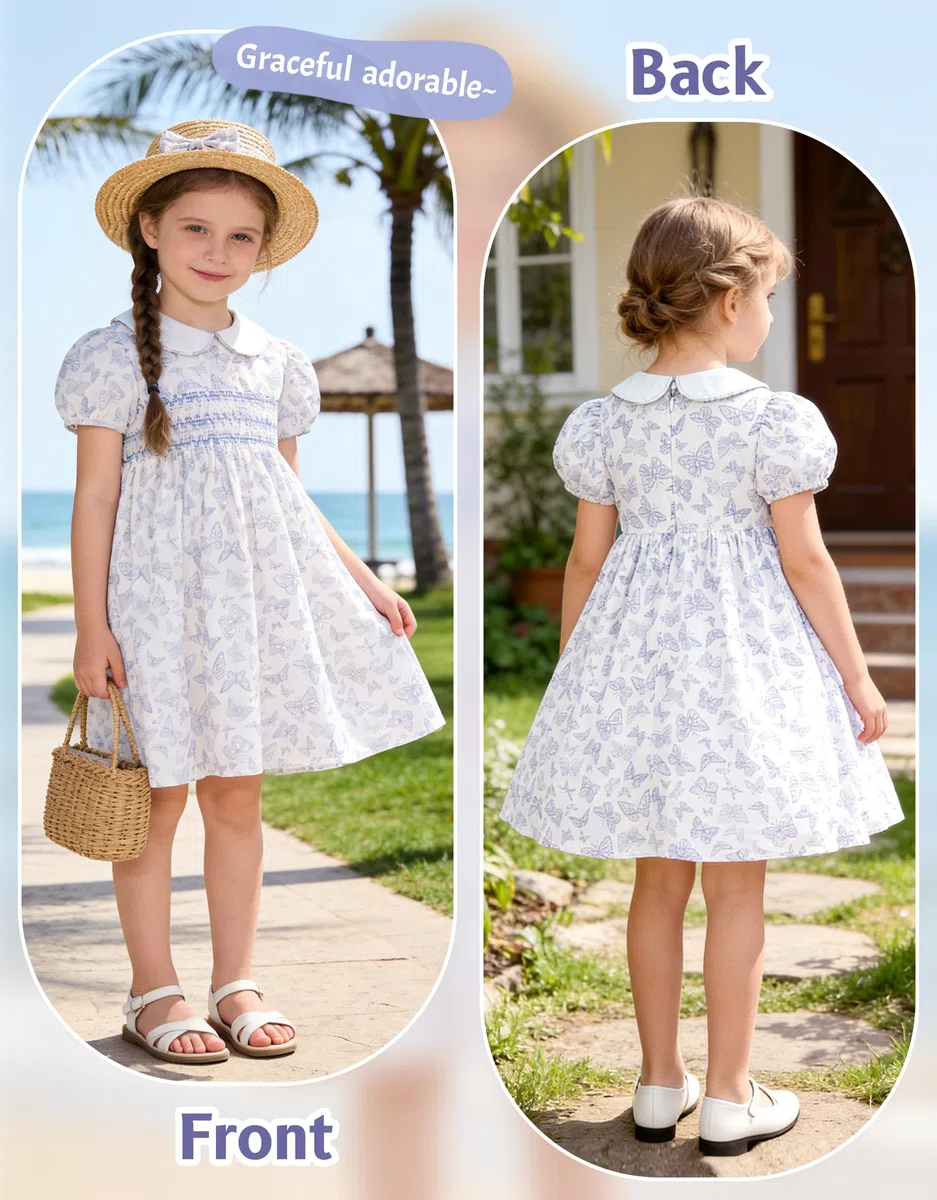 Miipat Vestito in Cotone per Bambina con Motivi Floreali Smockati, Vestito Estivi Vintage Bambine Maniche a Sbuffo e Colletto Peter Pan Abito Casual per Ragazze