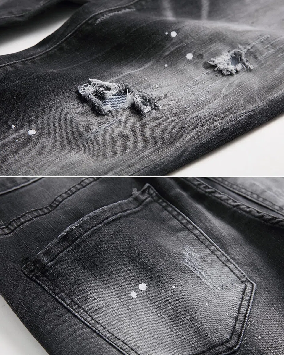 Jeans Uomo Slim Fit Strappati in Denim Stretch - Pantaloni Casual con Design a Spruzzo di Inchiostro, Stile Streetwear Y2K, Moda Versatile per Tutte Le Occasioni