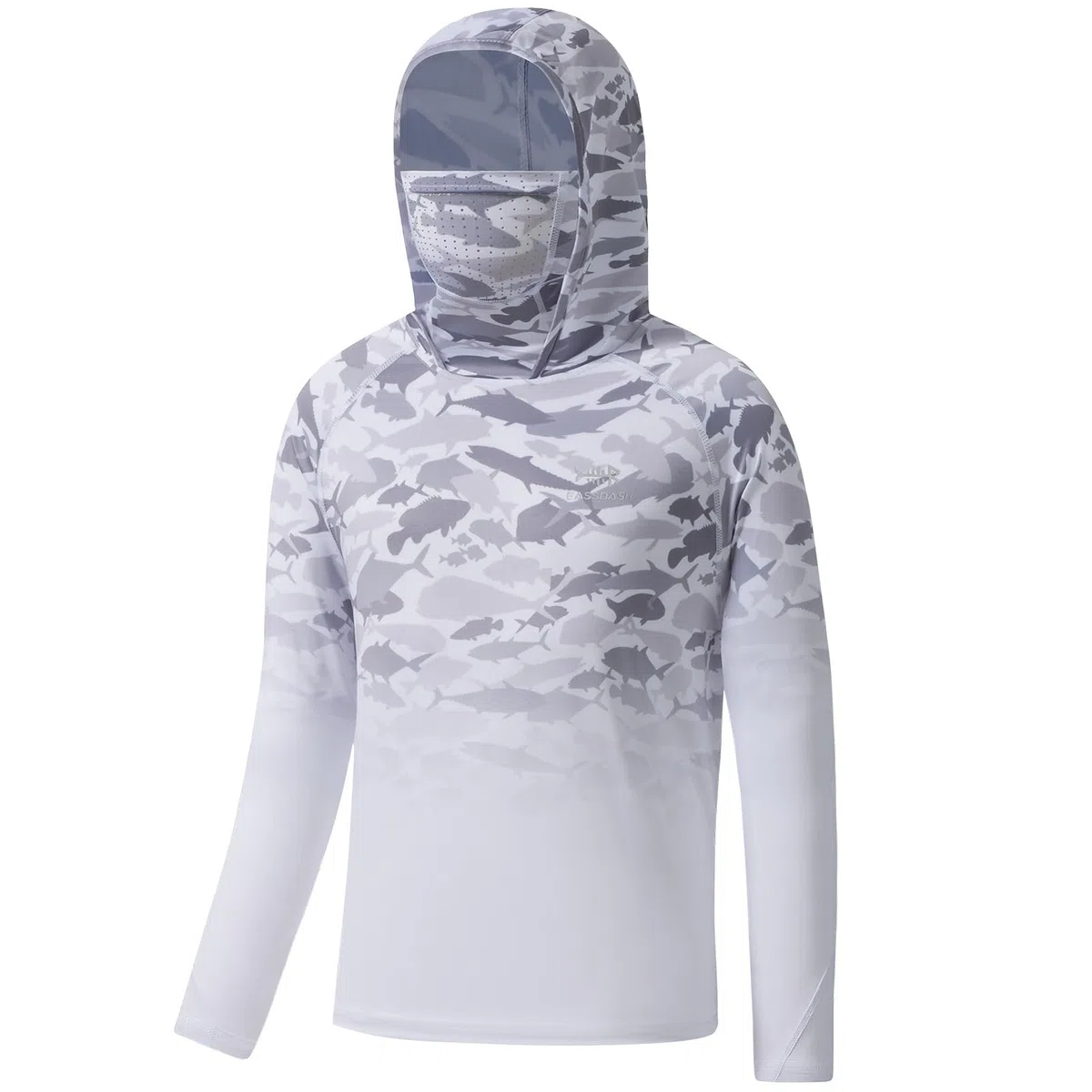BASSDASH Camicia con cappuccio UPF 50+, con maschera, protezione UV, protezione solare, maglietta a maniche lunghe per pesca e nuoto