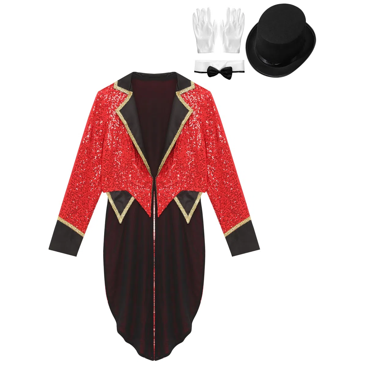 Jugaoge Giacca da donna con direttore del circo con paillettes luccicanti frack festivo risvolto cappotto con guanti, papillon e cappello, per feste di Natale