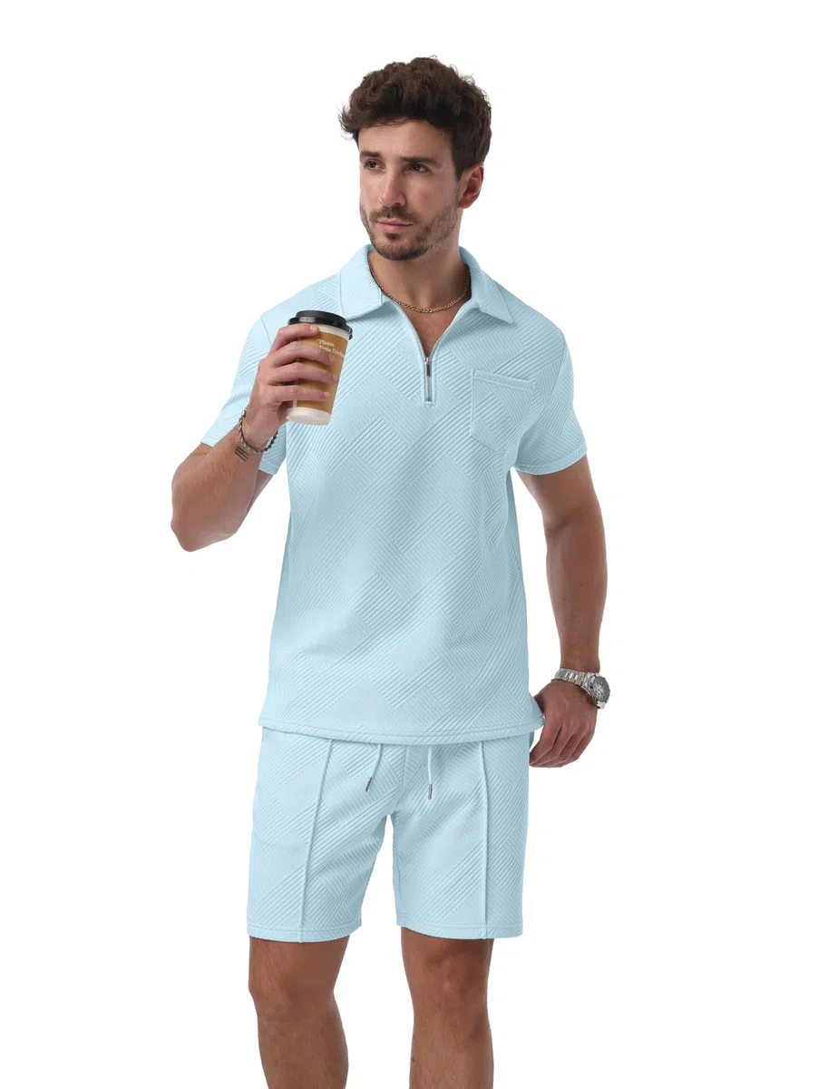 QIXING Set polo da uomo con pantaloncini e maglietta da uomo, estivi, 2 pezzi, abbigliamento da vacanza, con mezza zip