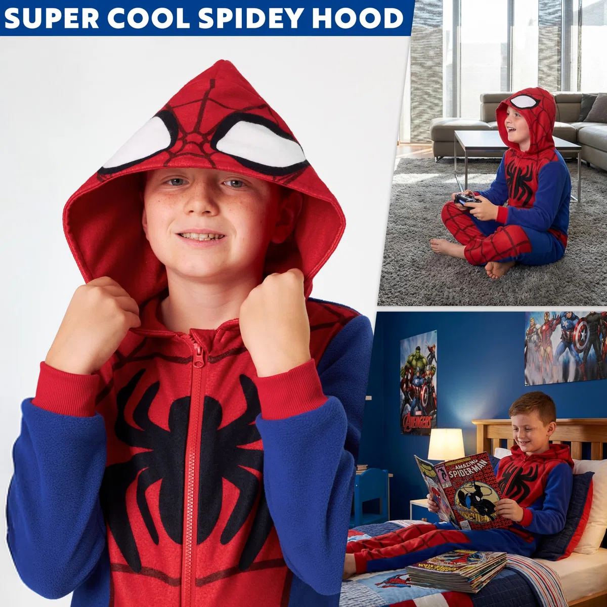 Marvel Spiderman Tuta Intera Bambino, Todo en Uno Pigiama Pile, Incappucciato Abbigliamento da Casa, Regalo Ragazzo