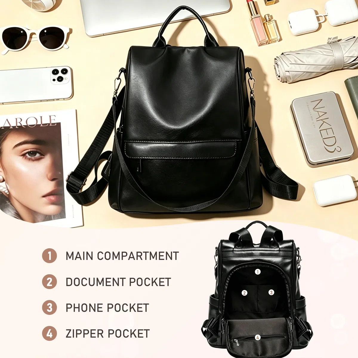 shepretty Zaini, zaino da viaggio da donna, antifurto, borsa a tracolla