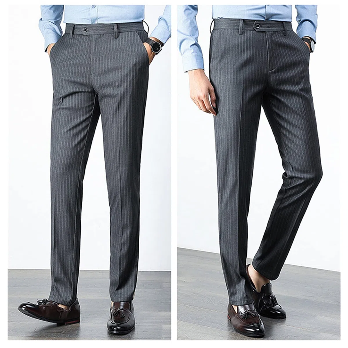 Pantaloni da uomo slim a righe casual affusolati gessato resistente alle rughe pantaloni da abito da lavoro leggeri