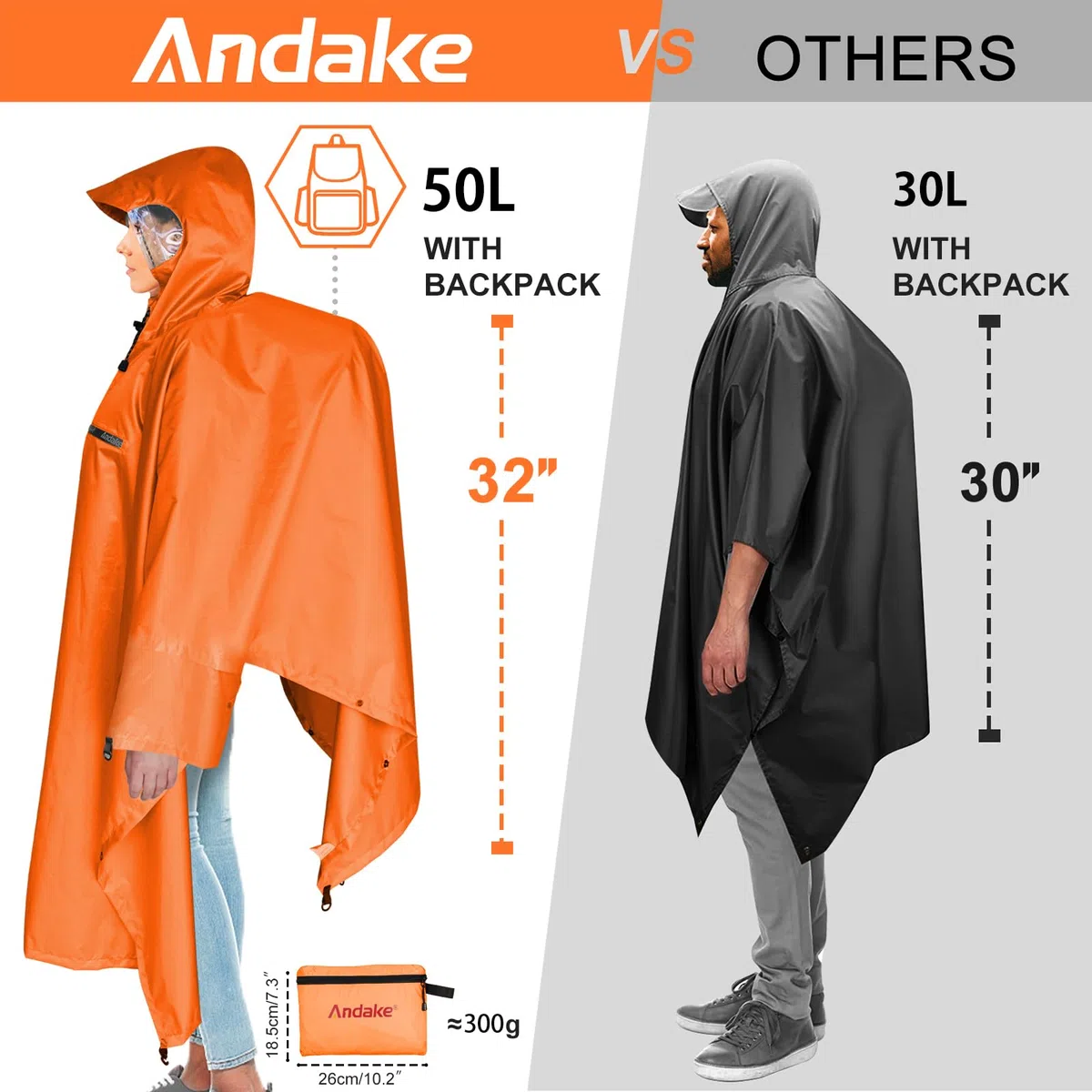 Andake Poncho Uomo Donna Impermeabile Unisex Giacca da Pioggia Antivento Resistente alle Rughe Impermeabile riutilizzabile per Campeggio Escursionismo Outdoor e Uso Quotidiano