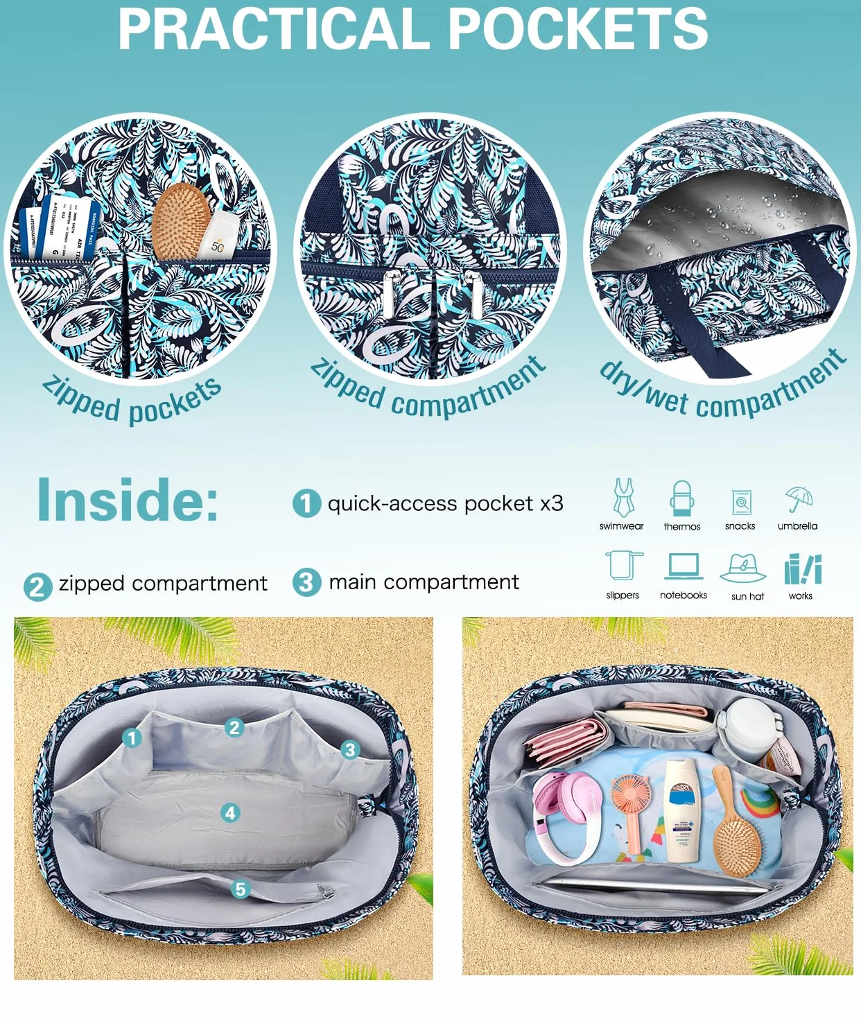 Borsa Mare Donna Grande Borsa Spiaggia Famiglia 45L Impermeabile Borsas Piscina XXL Shopper Tote Bag con Cerniera Borse da Spiaggia Pieghevole per Shopping Viaggio Picnic