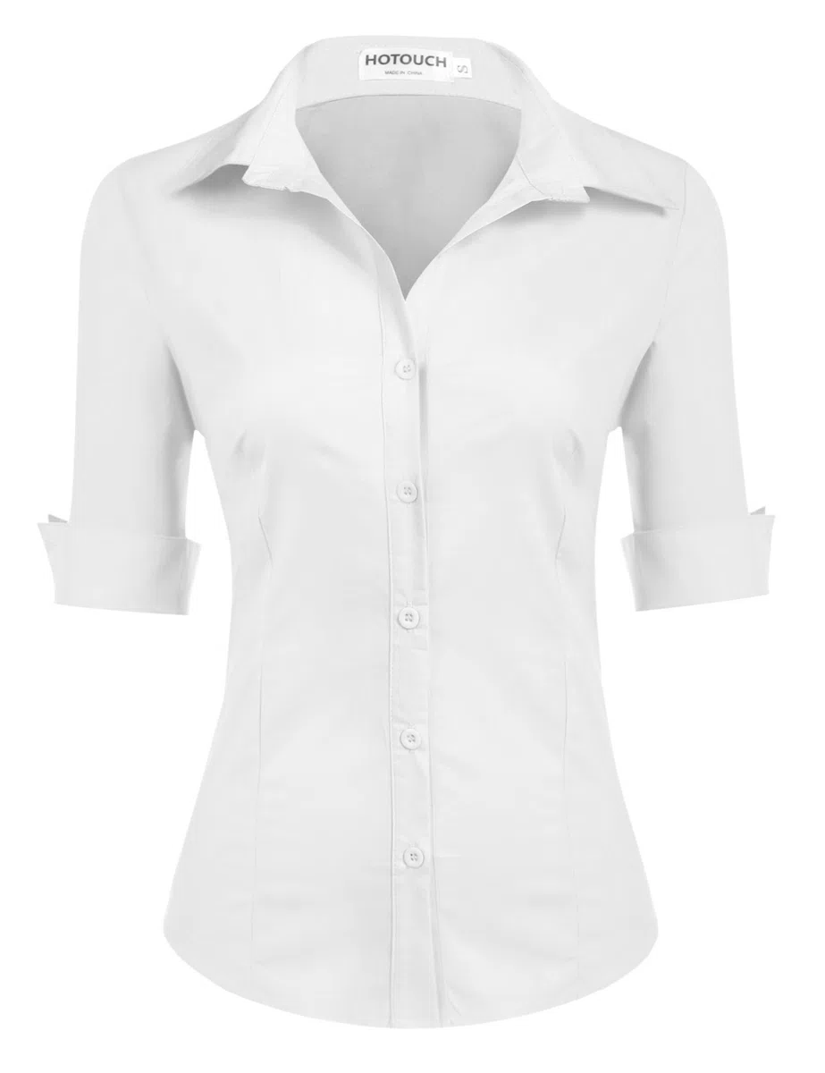 Hotouch Camicetta da Donna con Manica a 3/4 Camicia con Scollo a V Camicetta di Base Slim Fit con Knop Bar Tops Casual Cotone XS-XXL