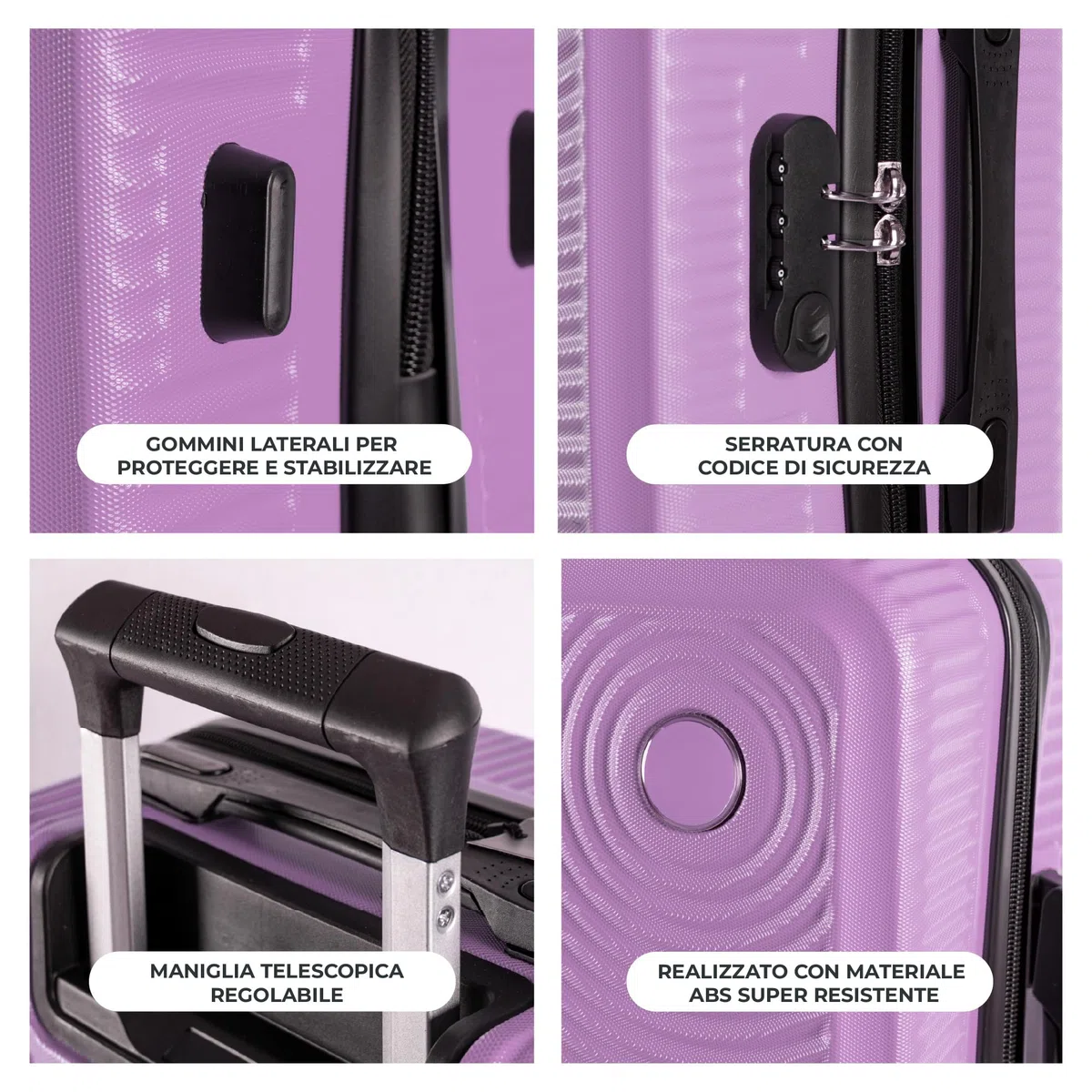 IlGruppone Trolley Bagaglio Mano Rigido 54x33x22 Piccolo Ultraleggero Valigia In Abs Con 4 Ruote Rimovibili Manico Chiusura Di Sicurezza Per Compagnie Low Cost Economy Zaino Da Viaggio - Lilla