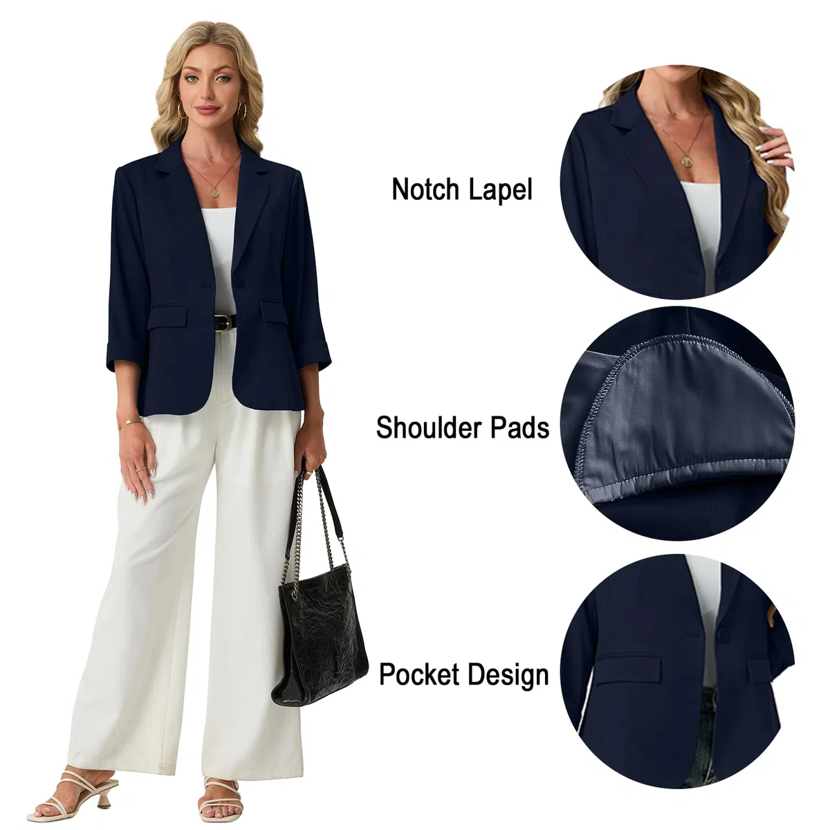 GRECERELLE Blazer da donna con maniche a 3/4, giacche da donna, eleganti cardigan con risvolto dentellato, ufficio, lavoro, cappotti da sposa, capispalla causale con tasche, bottoni