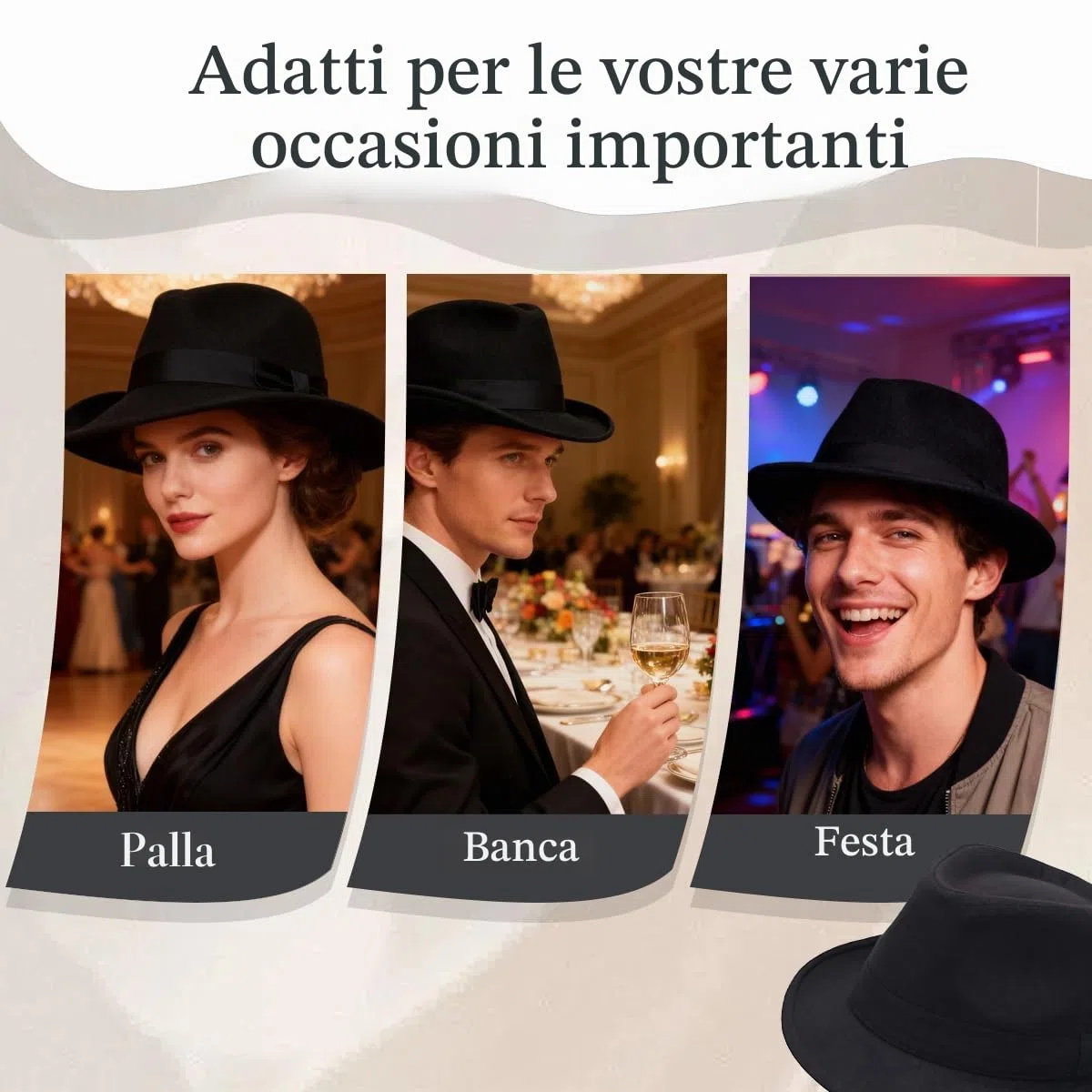 Happyupcity Cappello nero strutturato da uomo Manhattan Gangster Trilby Fedora Jazz Cap Floppy Panama Gentlemans Cappello piatto