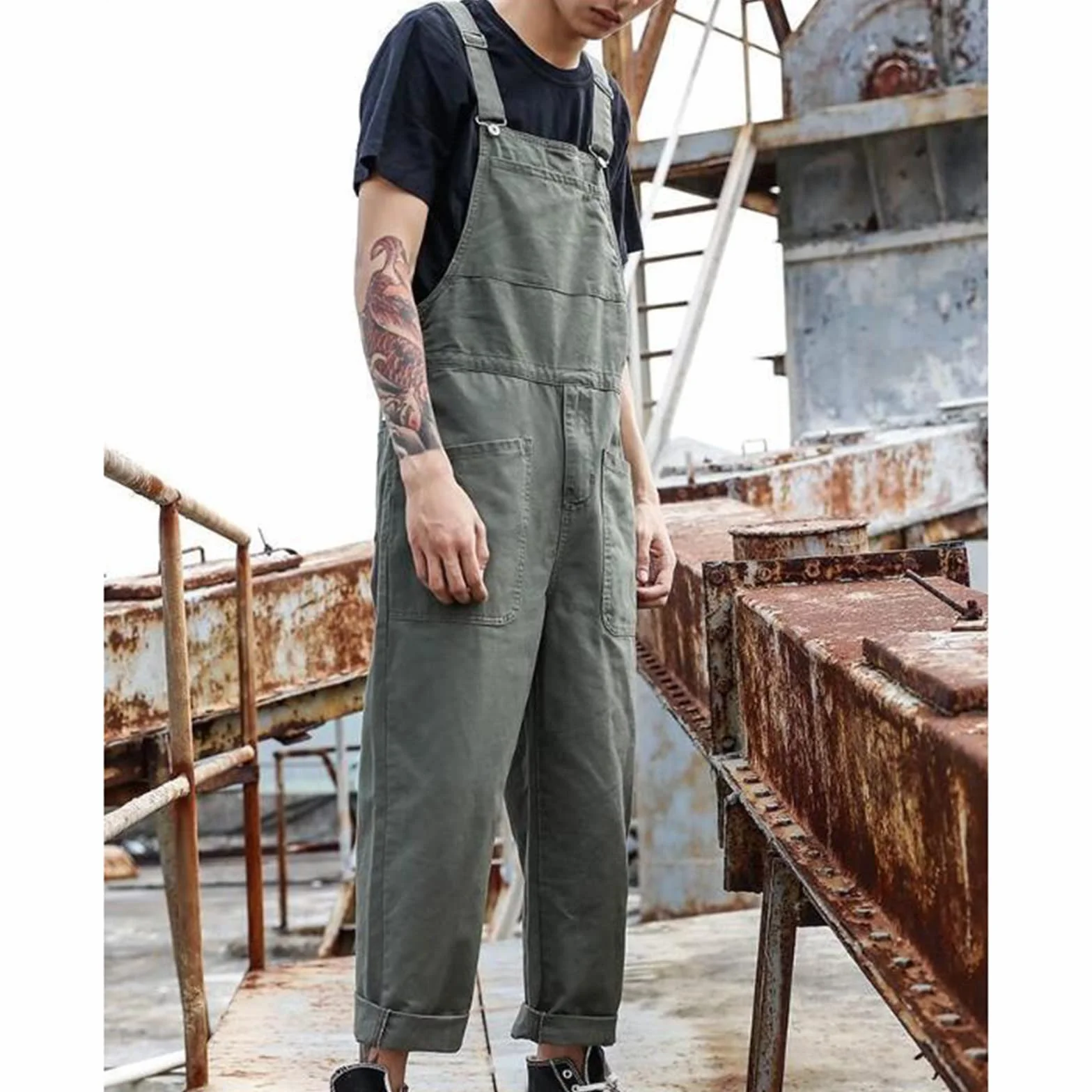 QWUVEDS Salopette uomo alla moda, vestibilità rilassata, tuta casual in cotone, salopette leggere con tasche alpinista pantaloni uomo jeans slim fit jeans uomo uomo vestibilità regolare