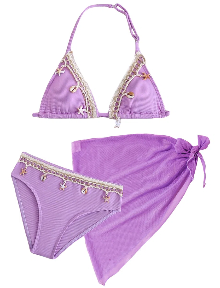 SEAUR Ragazza Set Bikini con Gonna a Maglia 3 Pezzi Costume da Bagno Moda Shell Halter Bikini Set Bambino Estate Spiaggia Piscina 8-12 Anni