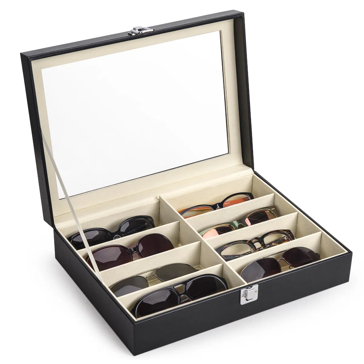 CO-Z Scatola per Occhiali da Sole in Pelle Cassettiera per Conservare e Montare Occhiali/Orologi/Gioielli/Occhiali Scatola Portaoggetti 8 Scomparti (Nero)
