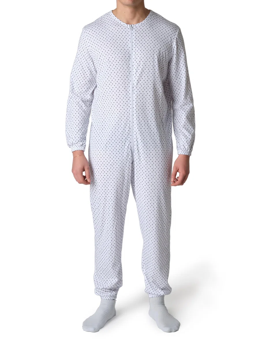 Pigiama Sanitario per Anziani da Uomo in Cotone con Cerniera sul Davanti Fino al Retro - Tutone per Anziani con Alzheimer o Incontinenza Made Italy - Paisley Blu e Grigio