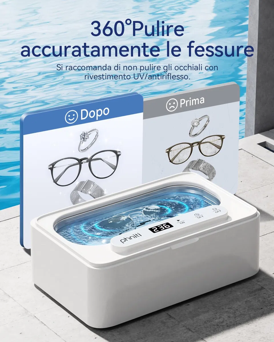 Phniti Pulitore Ultrasuoni, Pulitore Ultrasuoni Apparecchio Denti a 47KHz, Pulitore a Ultrasuoni da 330 ml Ultrasonic Cleaner, Portatile ad Pulitore Ultrasuoni Gioielli per Protesi, Occhiali, Orologi
