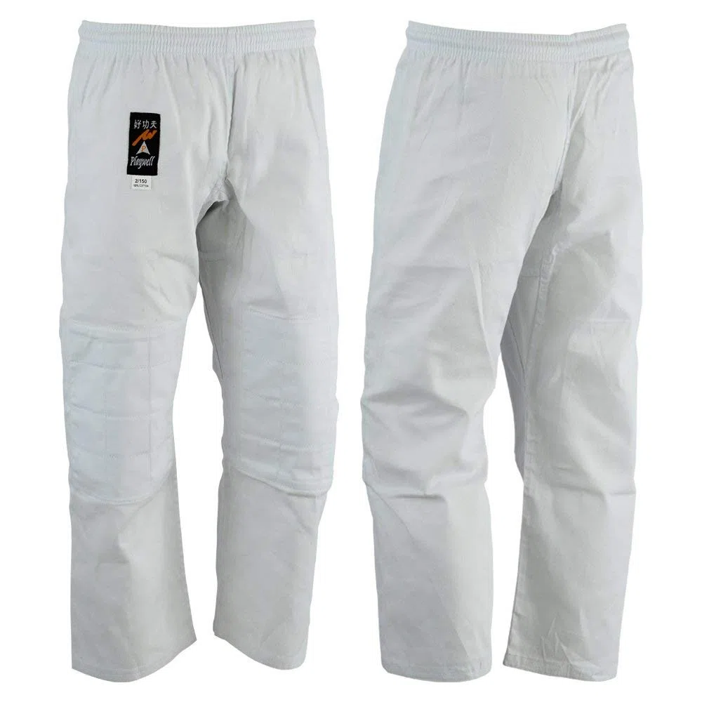 Playwell Arti Marziali Judo Pantaloni Bianco Candeggiato - (Imbottitura Doppia Ginocchia) - 9oz - Bianco