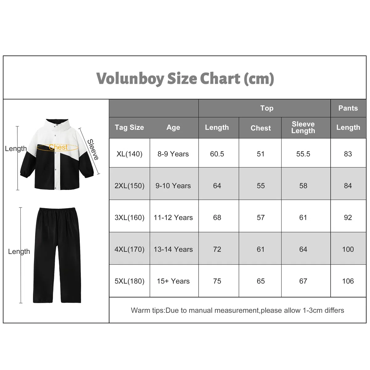 Volunboy Tuta Impermeabile Ragazze Ragazzi, Leggero Antipioggia Giacca & Pantaloni con Cappuccio Pioggia Completo