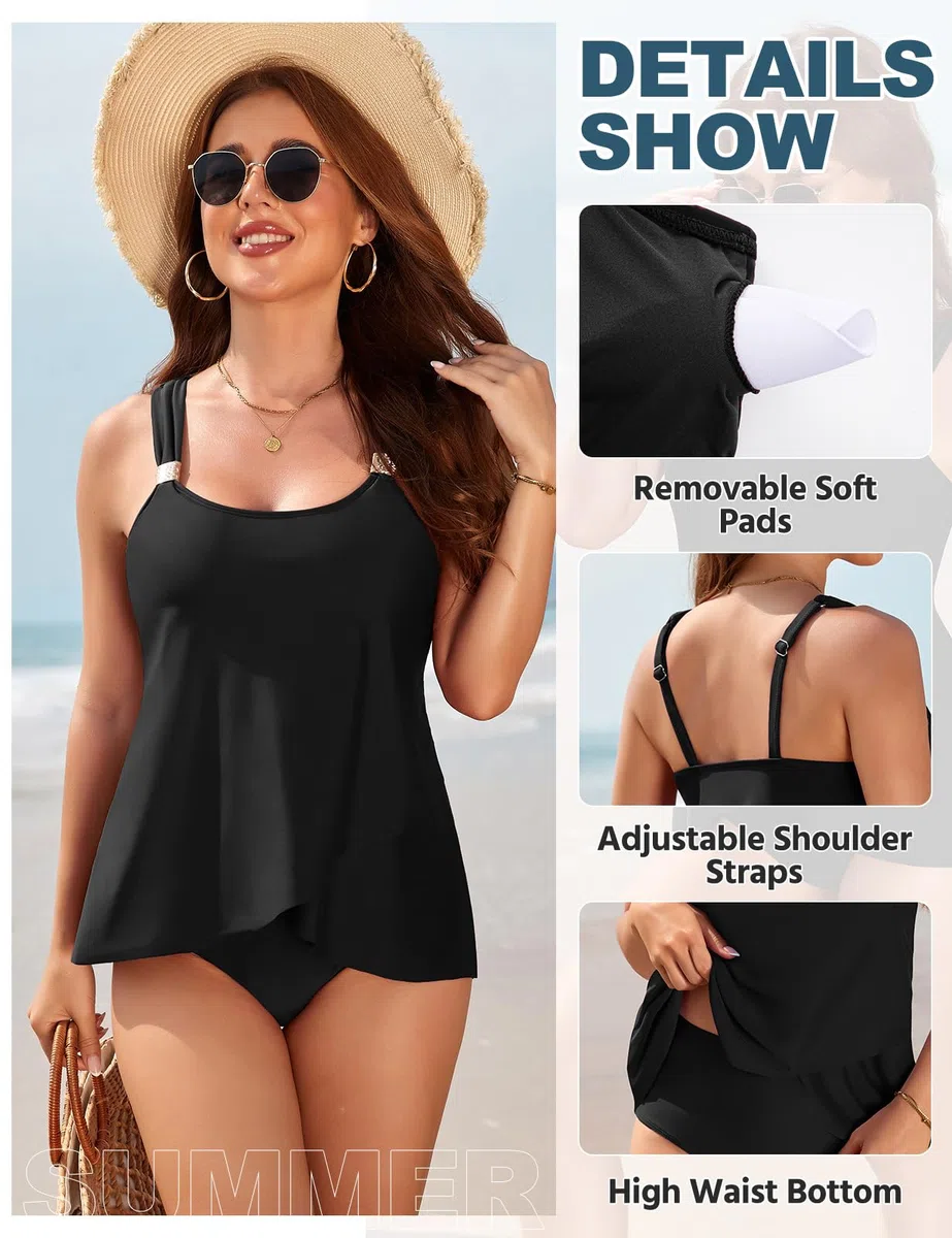 Nadeer Tankini Donna Curvy Costume da Bagno Due Pezzi Push Up Sexy Imbottito Reggiseno Costumi da Bagno con Vita Alta Boyshort Controllo Pancia per Mare Spiaggia Piscina