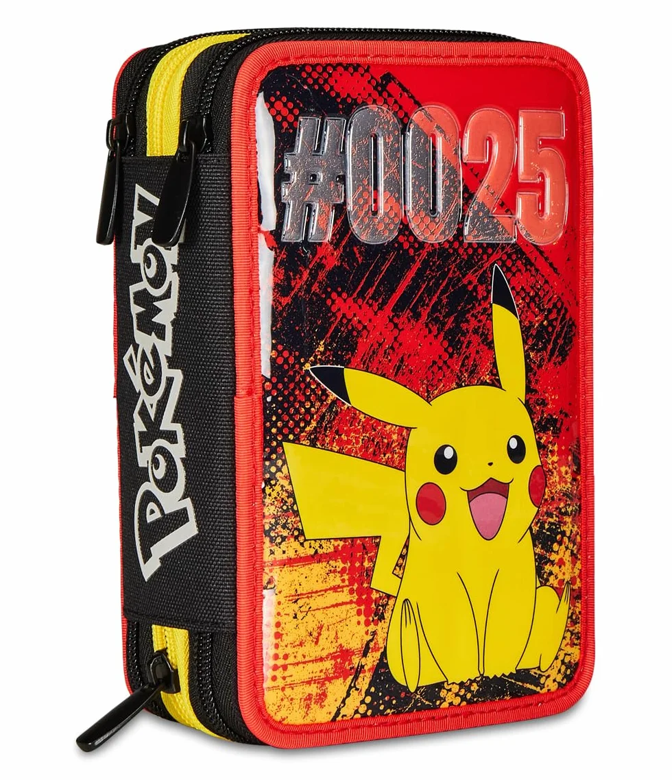 Seven Astuccio Scuola 3 Scomparti, PIKACHU - POKEMON, Giallo Rosso - Portapenne Multi Scomparto Con Matite, Penne e Colori, Accessori Zaino, Zaino Scuola - Astuccio Bambino Ragazzo - Pokemon