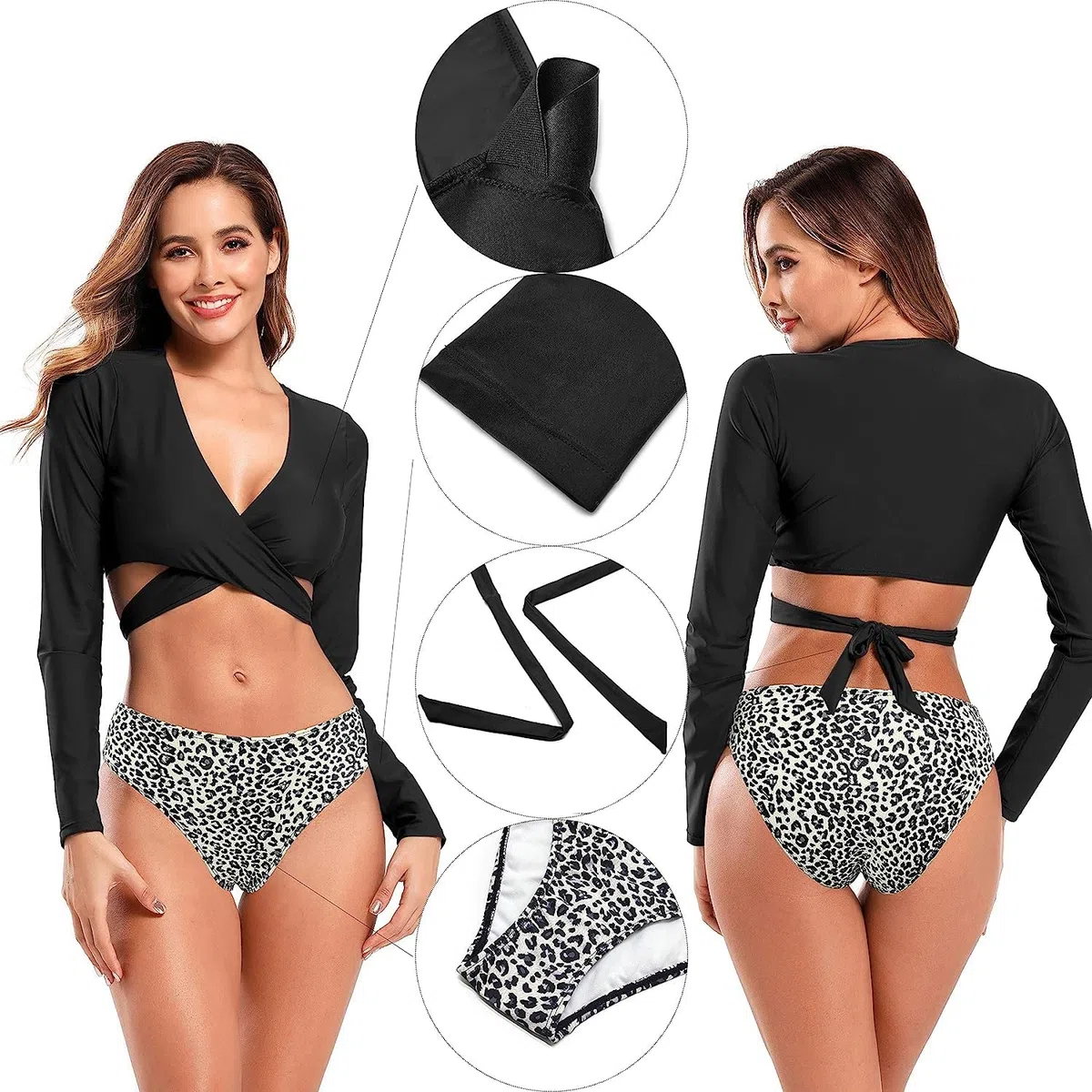 SHEKINI Costume da bagno a due pezzi da donna Rash Guard manica lunga Crop Top Criss Cross 2 pezzi