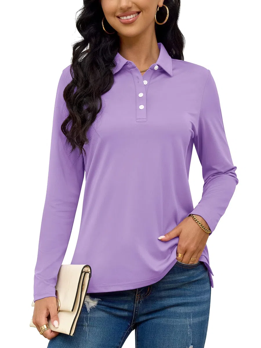 TACVASEN Polo da donna a maniche lunghe da golf, ad asciugatura rapida, leggera, con protezione solare UPF 50+, con 4 bottoni