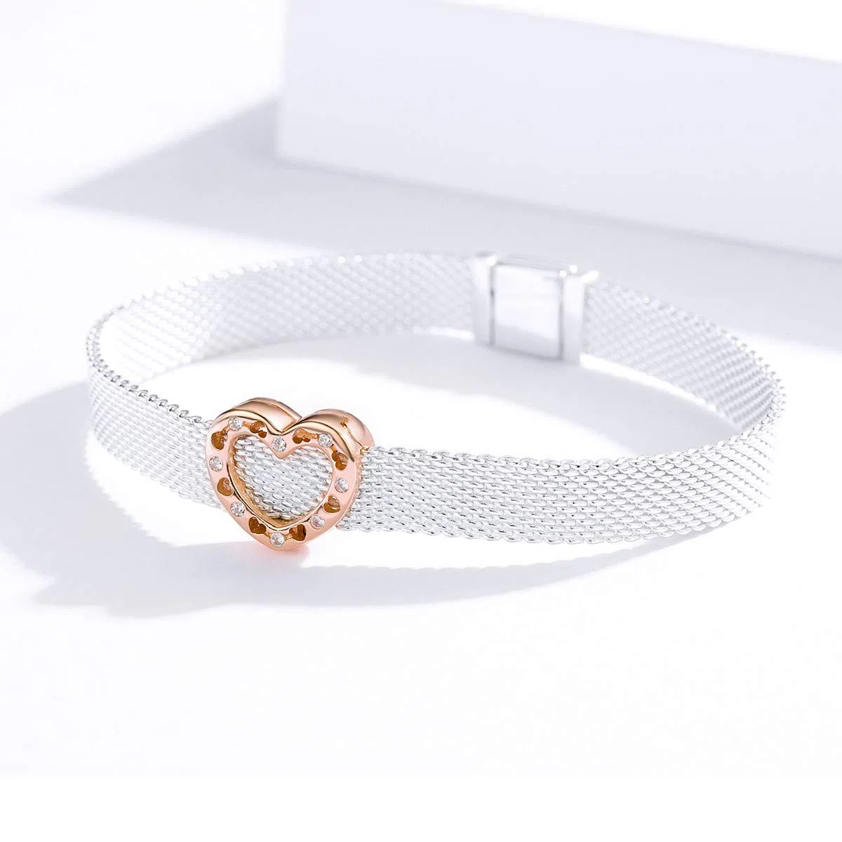 NewL - Ciondolo a forma di cuore in vero argento Sterling 925, per donne originali, per braccialetti con riflessi e ragazze, in oro rosa