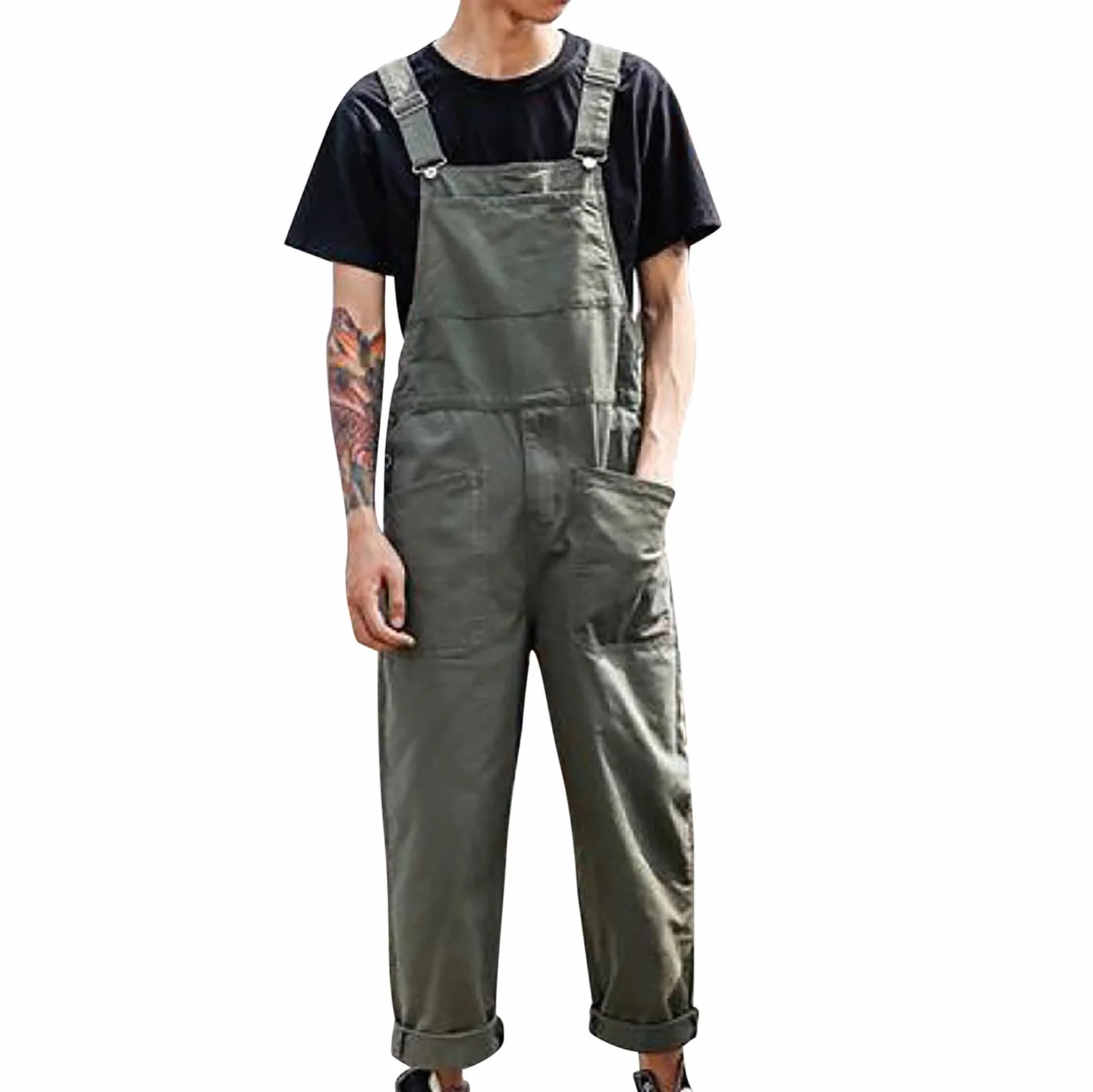 QWUVEDS Salopette uomo alla moda, vestibilità rilassata, tuta casual in cotone, salopette leggere con tasche alpinista pantaloni uomo jeans slim fit jeans uomo uomo vestibilità regolare