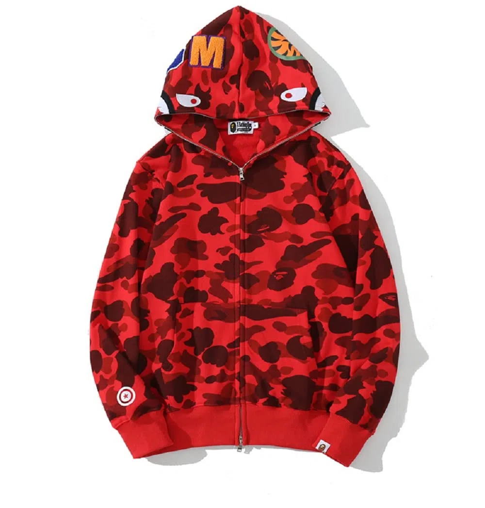 Uomo Felpa con Cappuccio Stampa Testa di Squalo Cerniera Giacca con Cappuccio Cardigan Manica Lunga Hip Hop Tops Sweatshirt Camouflage Cappotto con Cappuccio