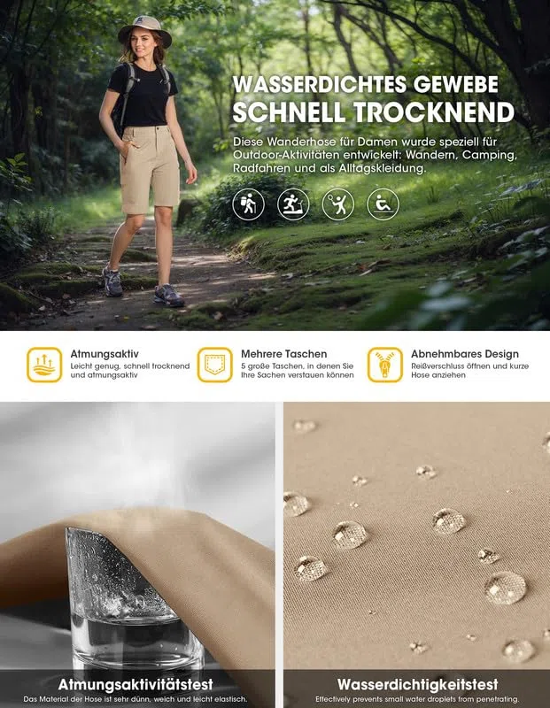 Pantaloni da trekking da donna, con zip, traspiranti, da trekking, da donna, con chiusura lampo, rimovibili, per attività all'aria aperta, estivi, funzionali