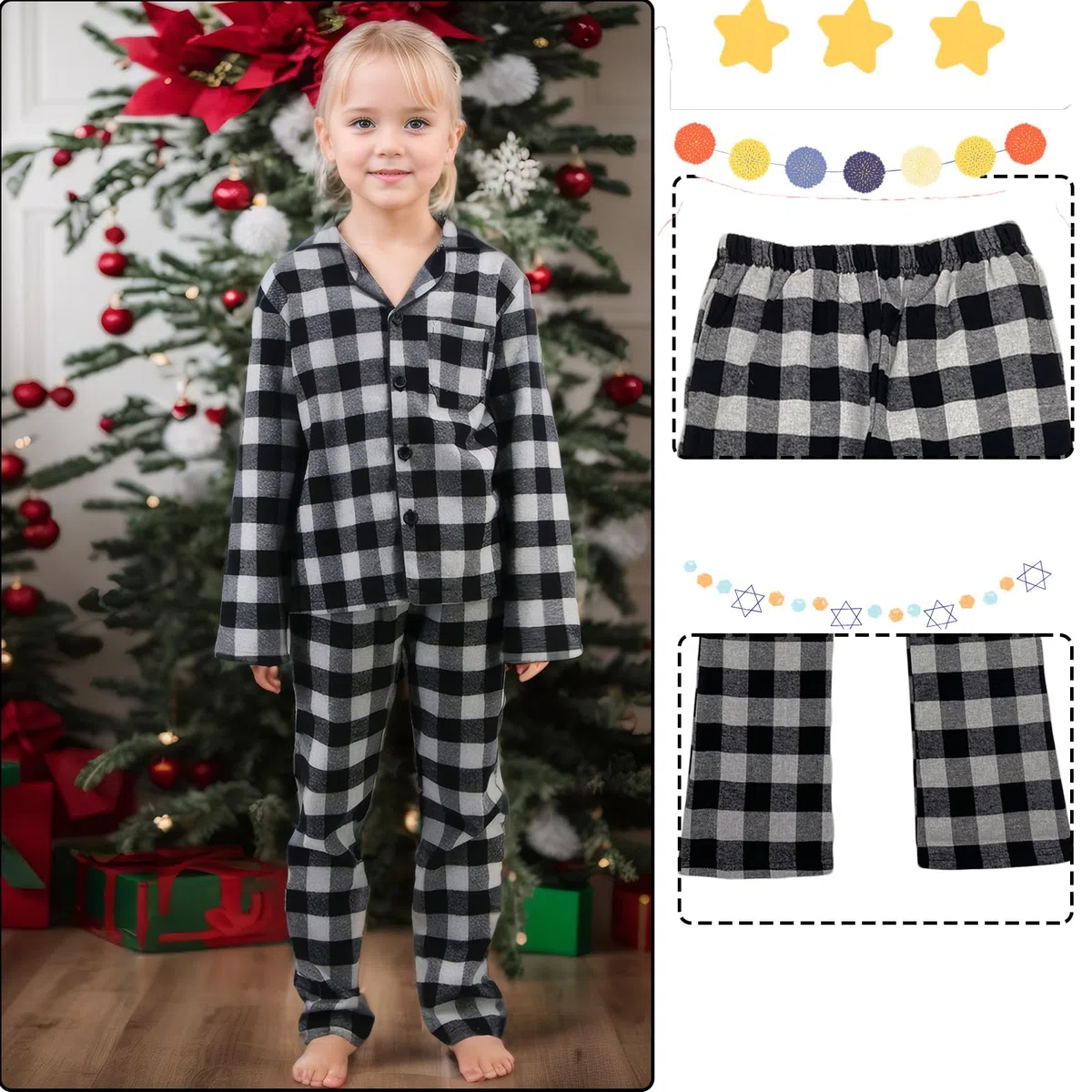 LANBAOSI Pantaloni da pigiama in flanella per bambini, con elastico in vita, per il tempo libero, in cotone spazzolato, a quadri, con tasche