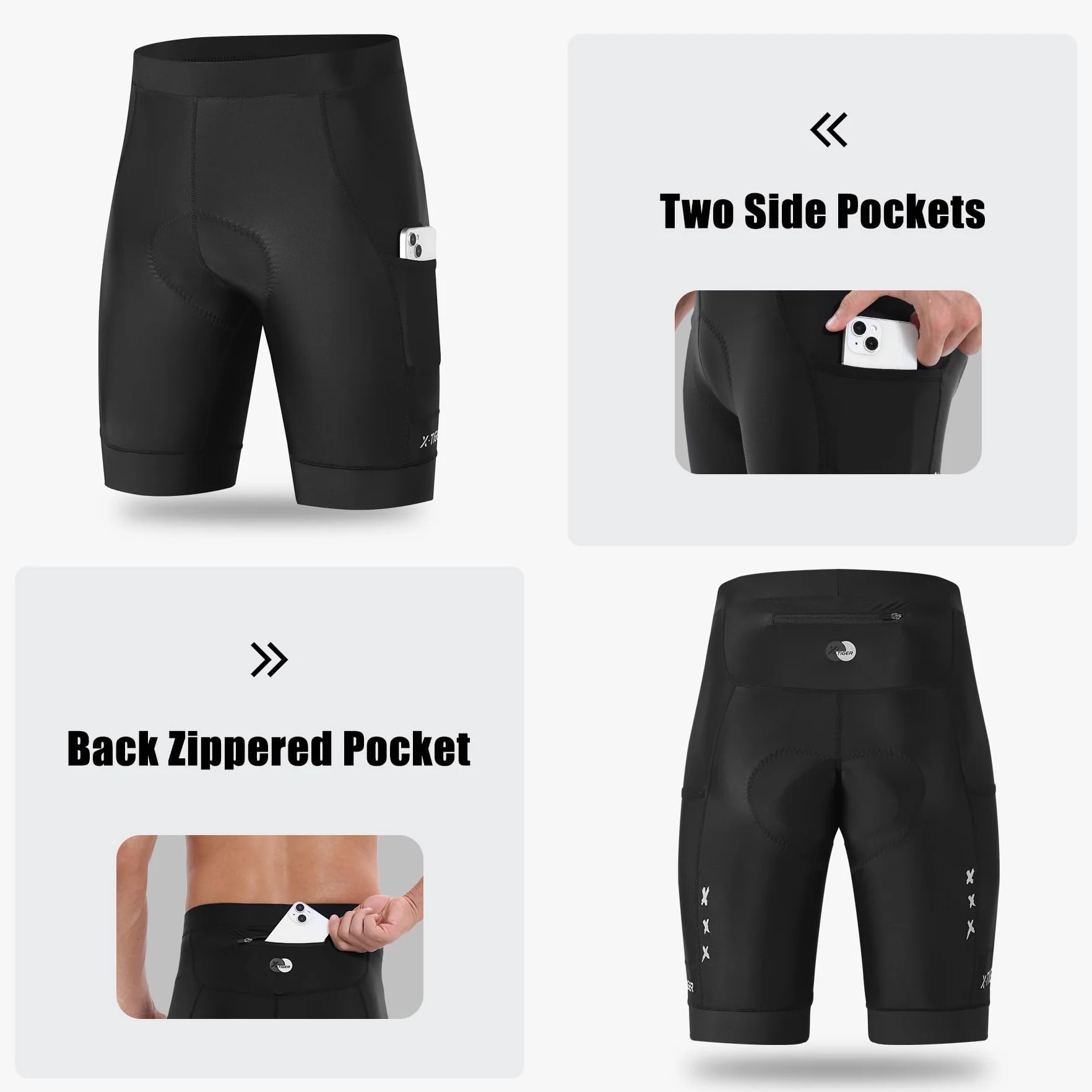 X-TIGER Pantaloncini Ciclismo Uomo Imbottito MTB Ciclismo Corti Bicicletta Traspiranti Pantaloni Bici 3 Tasche