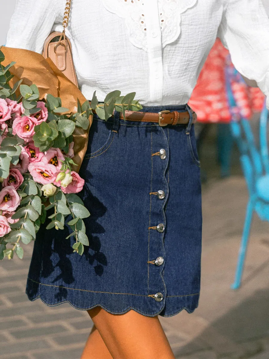 CUPSHE Gonna da donna in denim, casual, a vita alta, linea ad A, orlo smerlato, mini gonna di jeans con tasche