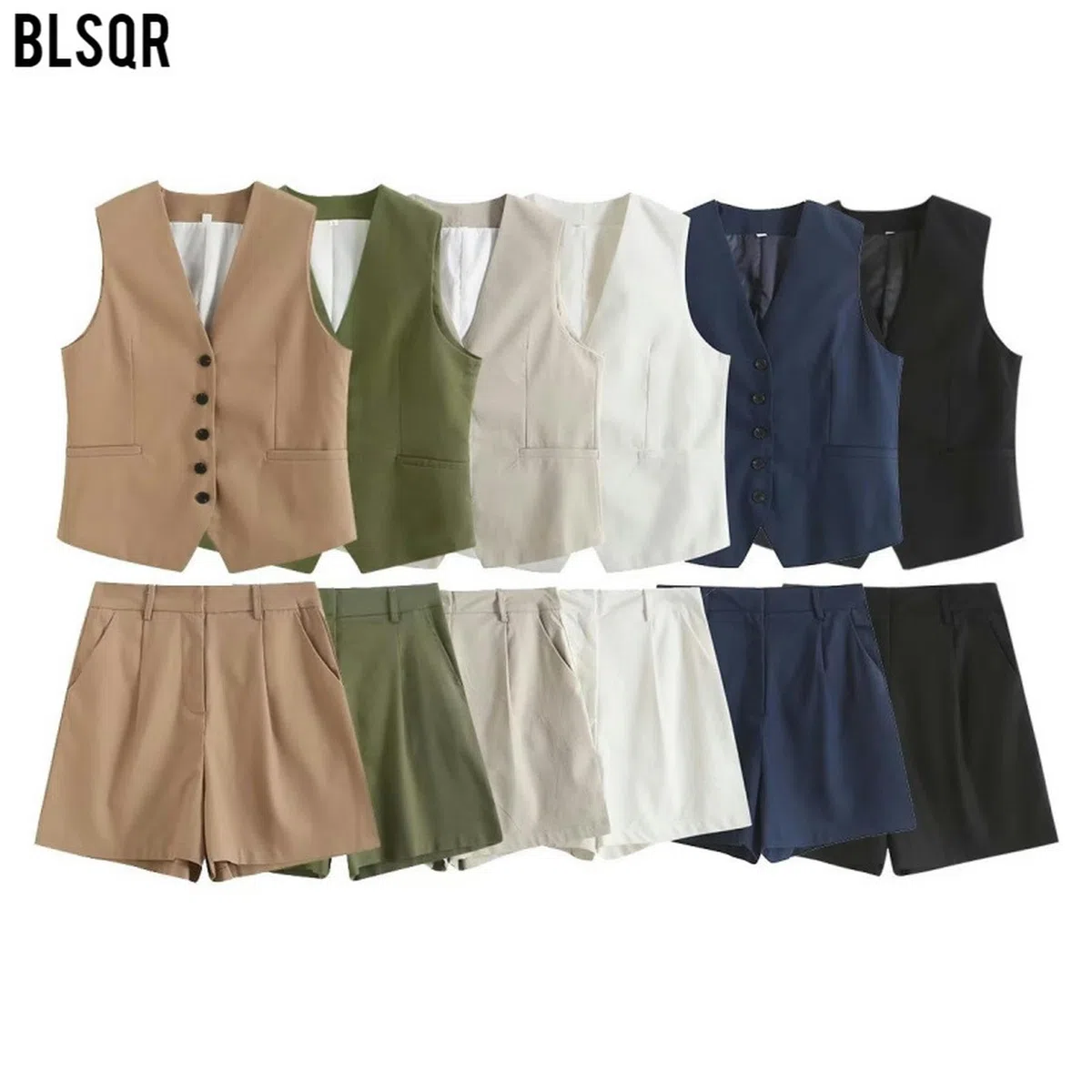Set Gilet Casual Estivo Set Gilet Ampio in Misto Lino + Pantaloncini Set Donna-Abito Blu Navy A0-L