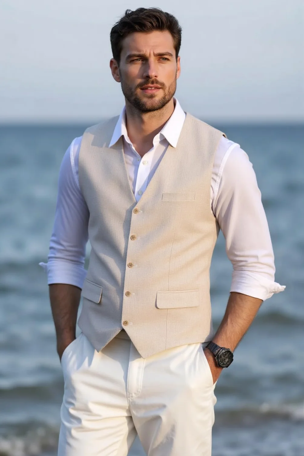 Solovedress Gilet da uomo, elegante, da uomo, estivo, in lino, per matrimoni e feste