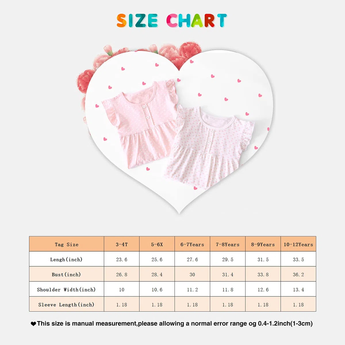 BANGSAUR Camicia da notte da bambina, in cotone, con stampa a cuore, da principessa, confezione da 2, 3-15 anni
