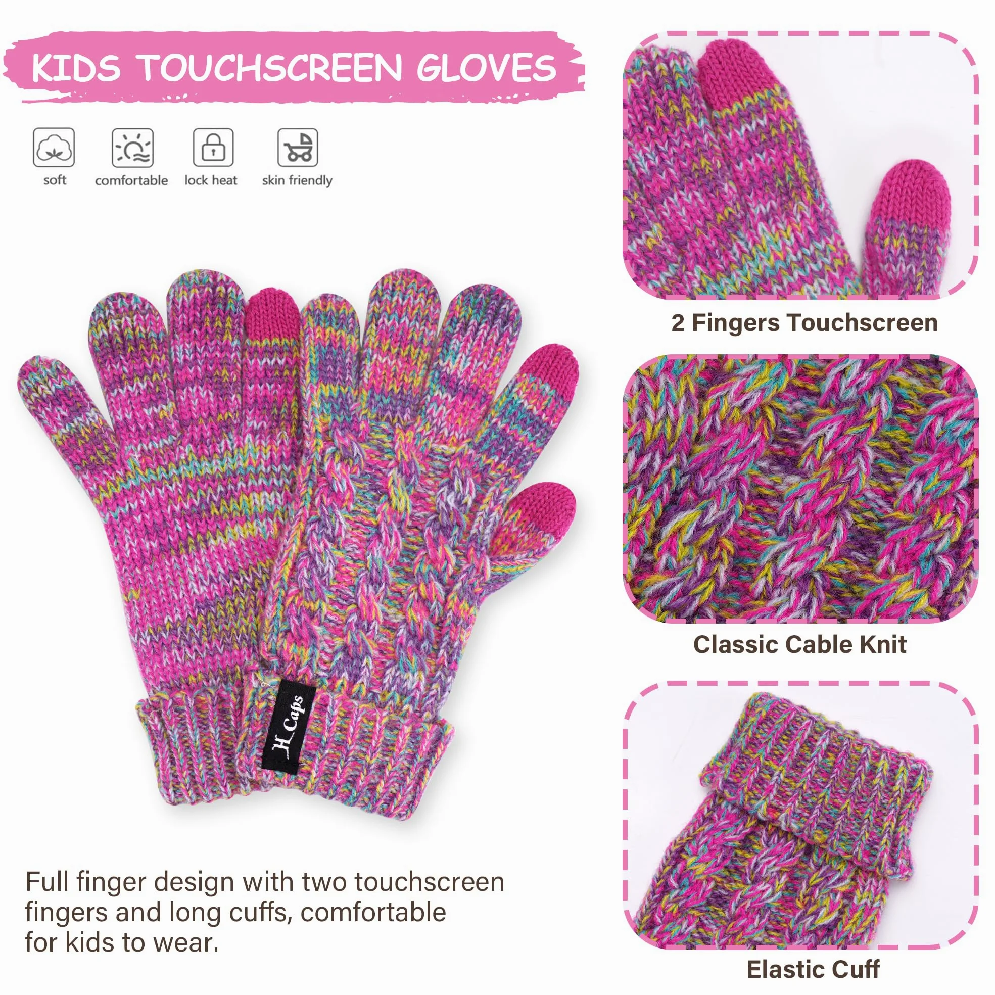 ZASFOU Cappello Invernale Sciarpa Guanti Touch Screen Set per Bambini 3-6-12 Anni Berretto Cappelli in Maglia con Pompon Scaldacollo Guanto Regali per Ragazze Ragazzo