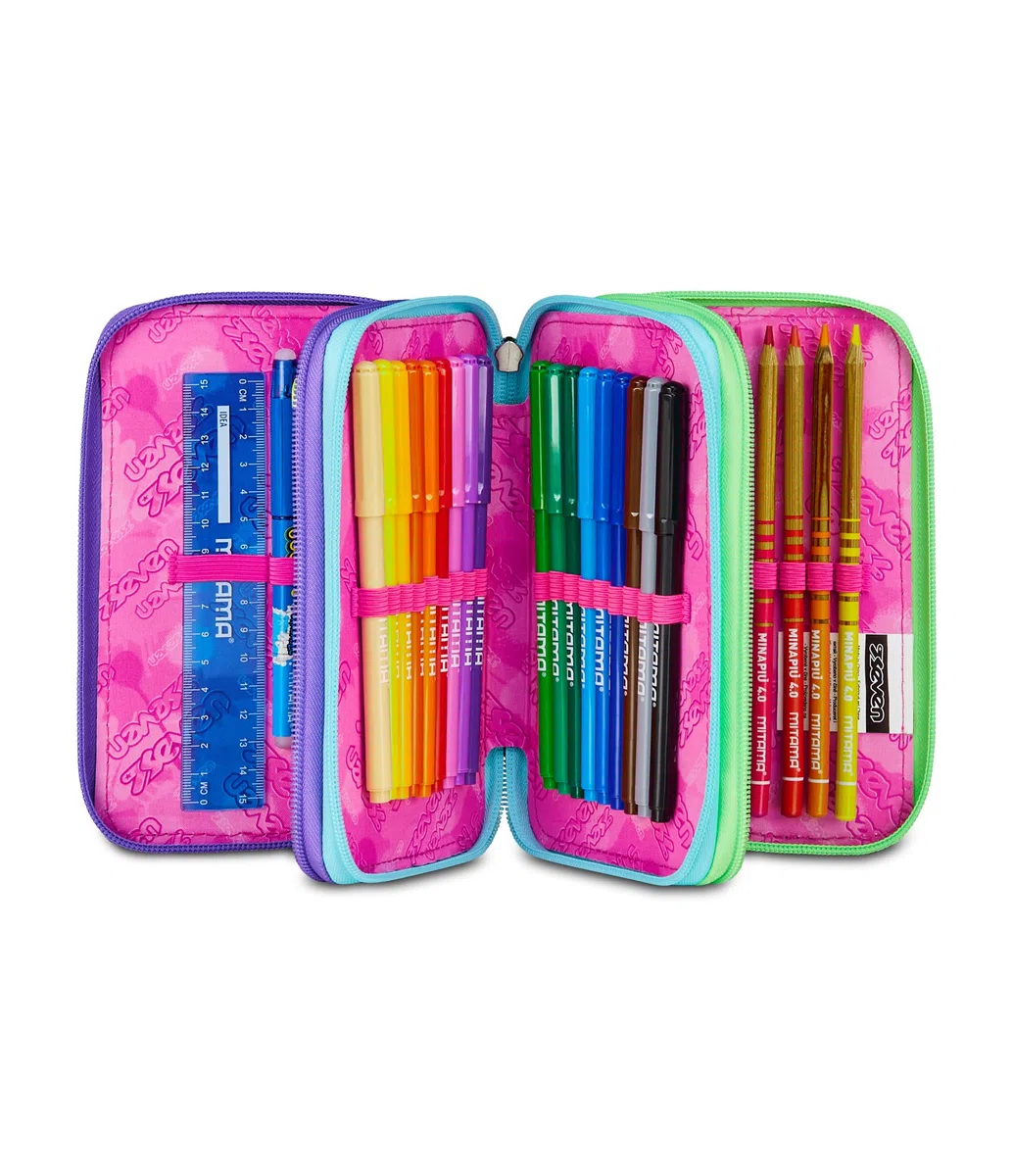 Seven Astuccio Scuola Elementare, 3 scomparti, Medie, con Matite, Pennarelli, Penne, 3 Zip, Sprinkling, Bambina e Ragazza, blu/viola