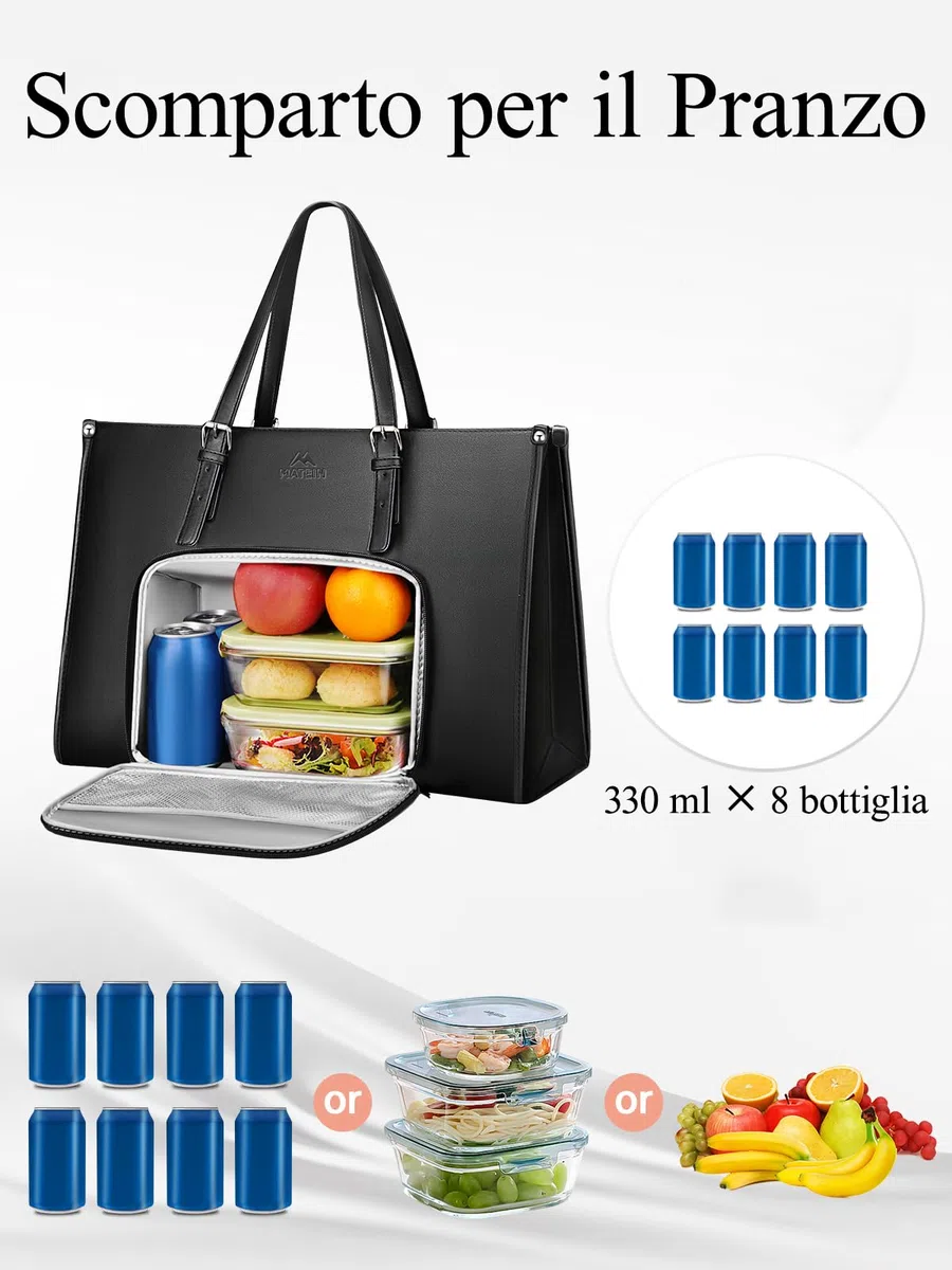 MATEIN Borsa Lavoro Donna con Scomparto Pranzo Isolato, Grande Borsa Porta PC Donna 15,6 Pollici in Pelle PU, Impermeabile Borse Tote Bag per Università, Ufficio, Shopper, Termica Porta Pranzo, Nero