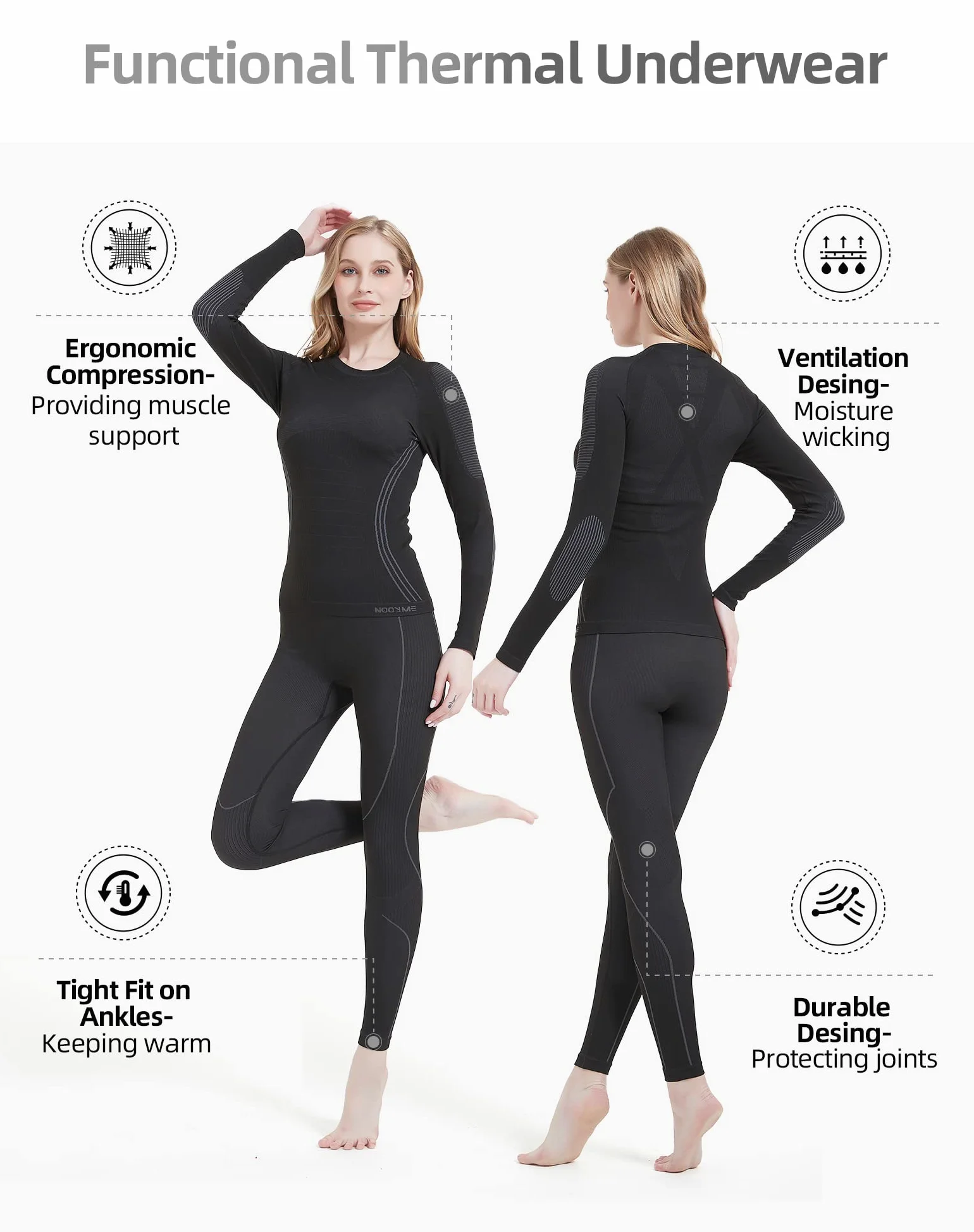 NOOYME Intimo Termico Donna Biancheria Intima Termica Funzionale Donna Pantaloni e Maglia Termica Traspirante Asciugatura Rapida per Sci Corsa Palestra