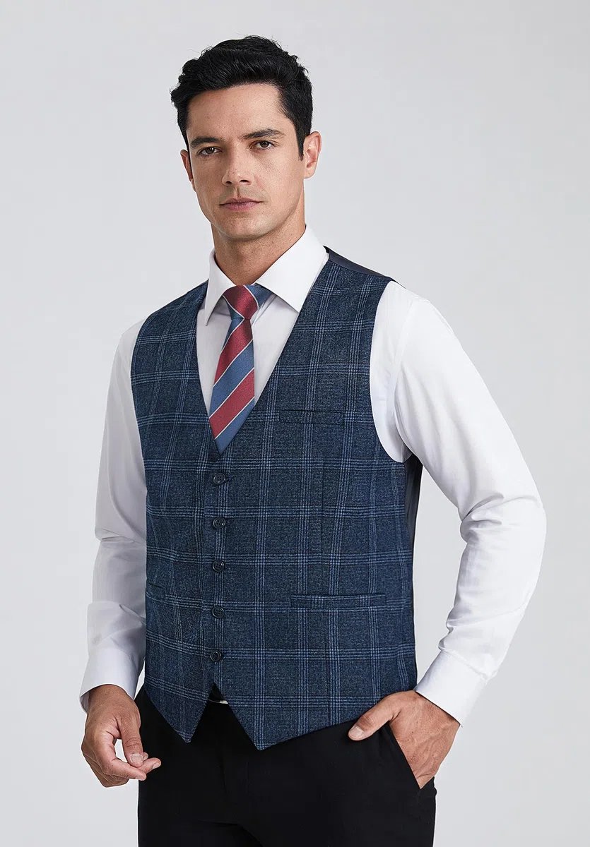 HISDERN Gilet da Abito da Uomo a Quadri Classico Elegante Panciotto Uomo in Cotone Formale Casual Scozzese Senza Maniche da Matrimonio con Tasche
